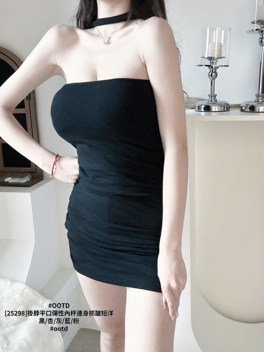 [25298]掛脖平口彈性內杯連身抓皺短洋 (10)