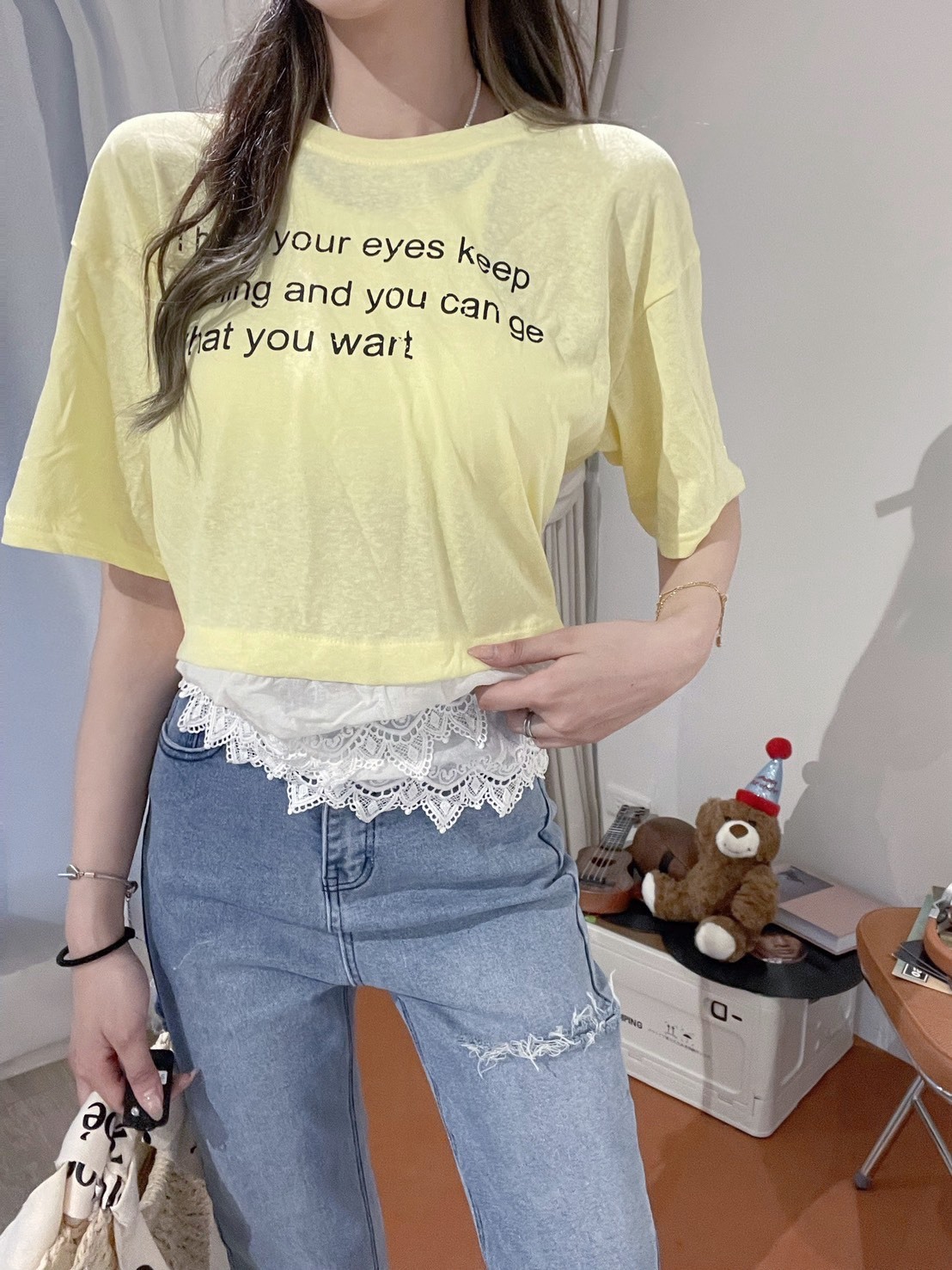 [99-1]圓領彈性字母拼接蕾絲上衣單品 (4)