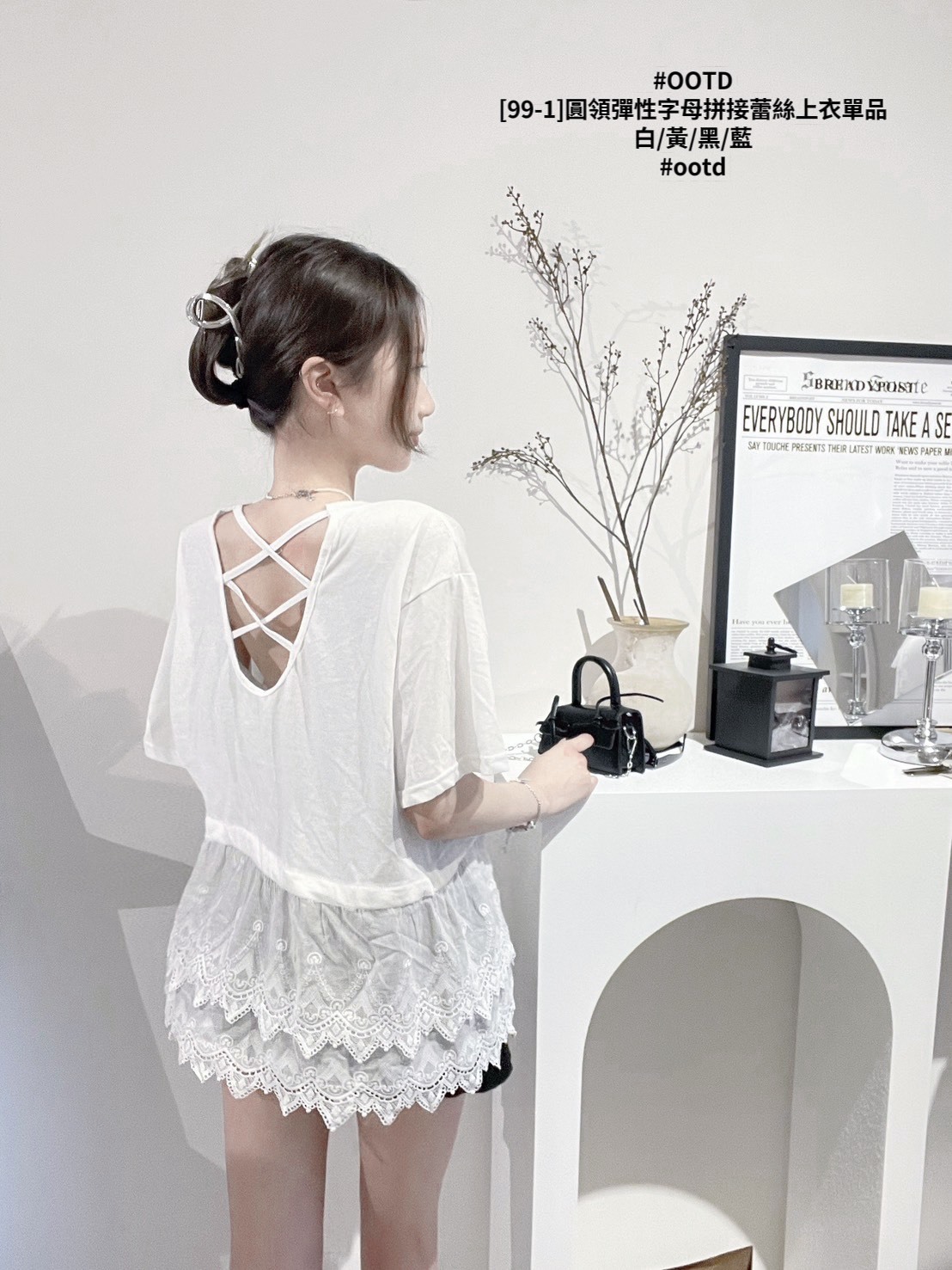 [99-1]圓領彈性字母拼接蕾絲上衣單品 (2)