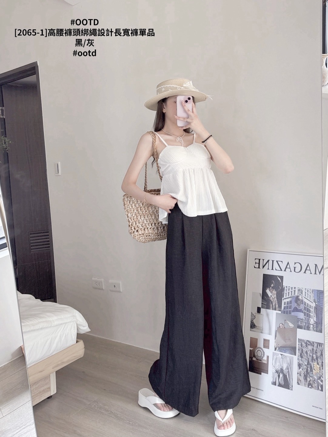 [2065-1]高腰褲頭綁繩設計長寬褲單品 (6)
