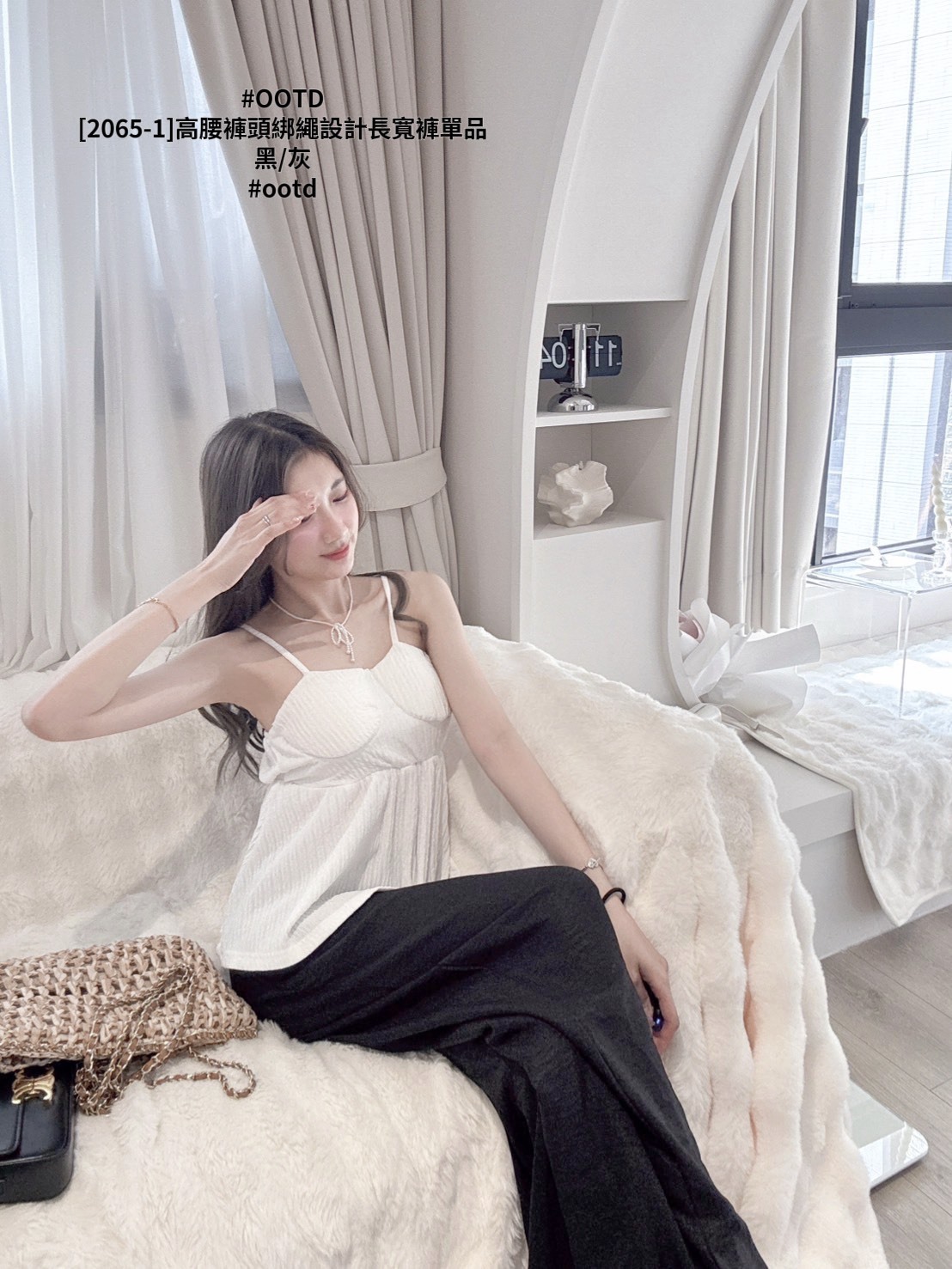[2065-1]高腰褲頭綁繩設計長寬褲單品 (5)