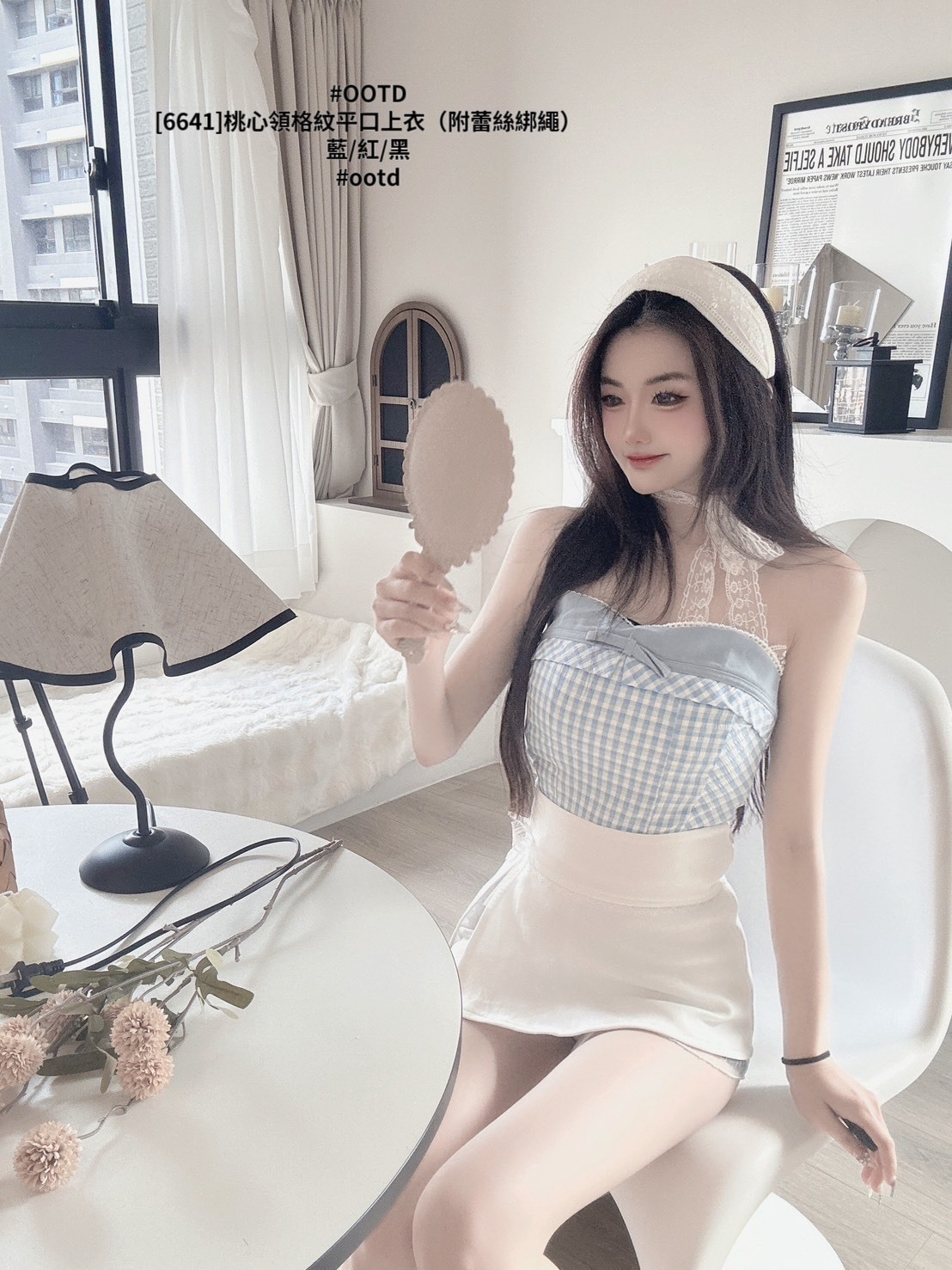 [6641]桃心領格紋平口上衣（附蕾絲綁繩） (2)