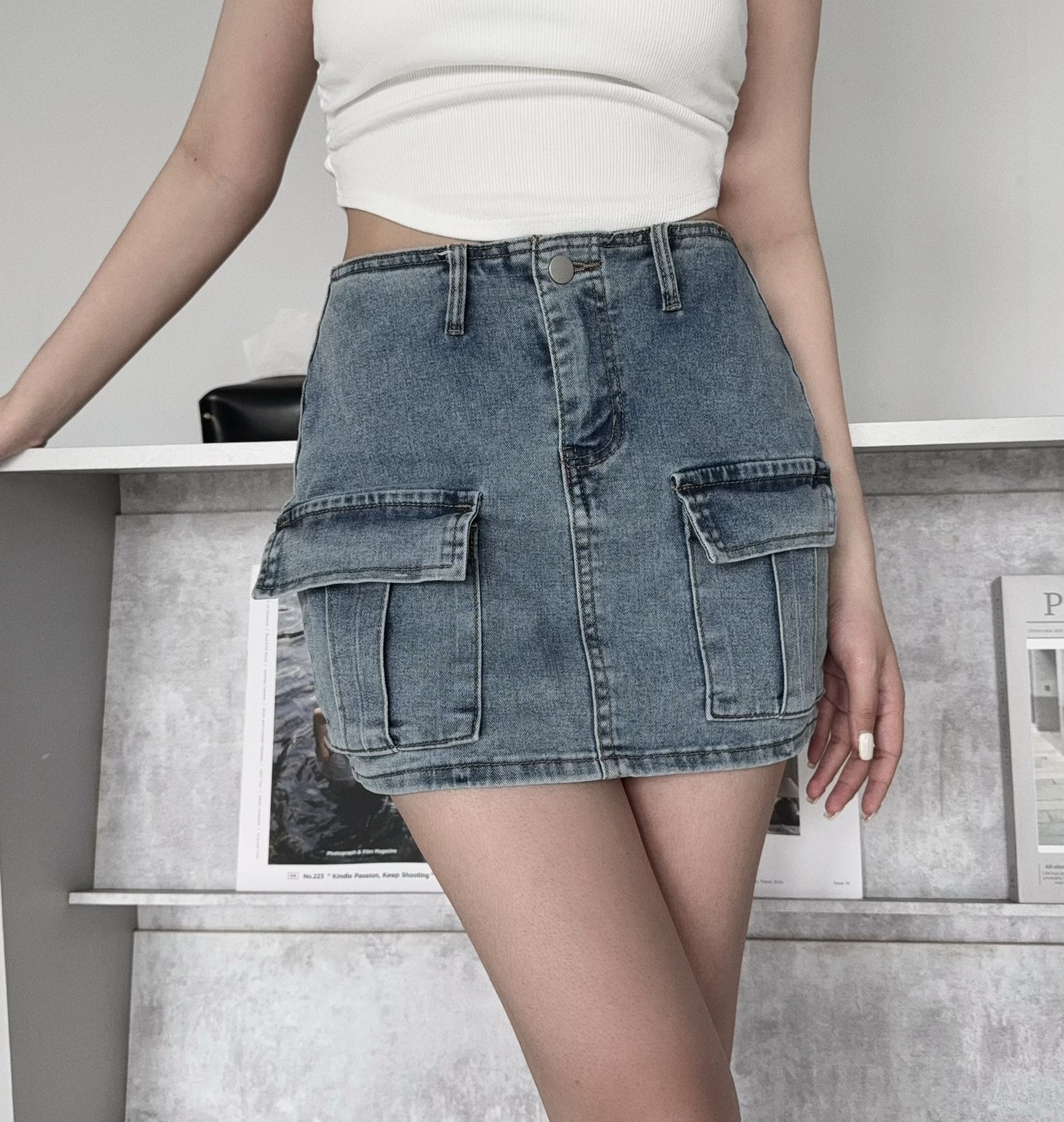 1672『選品』美式百搭工裝牛仔短裙 (2)