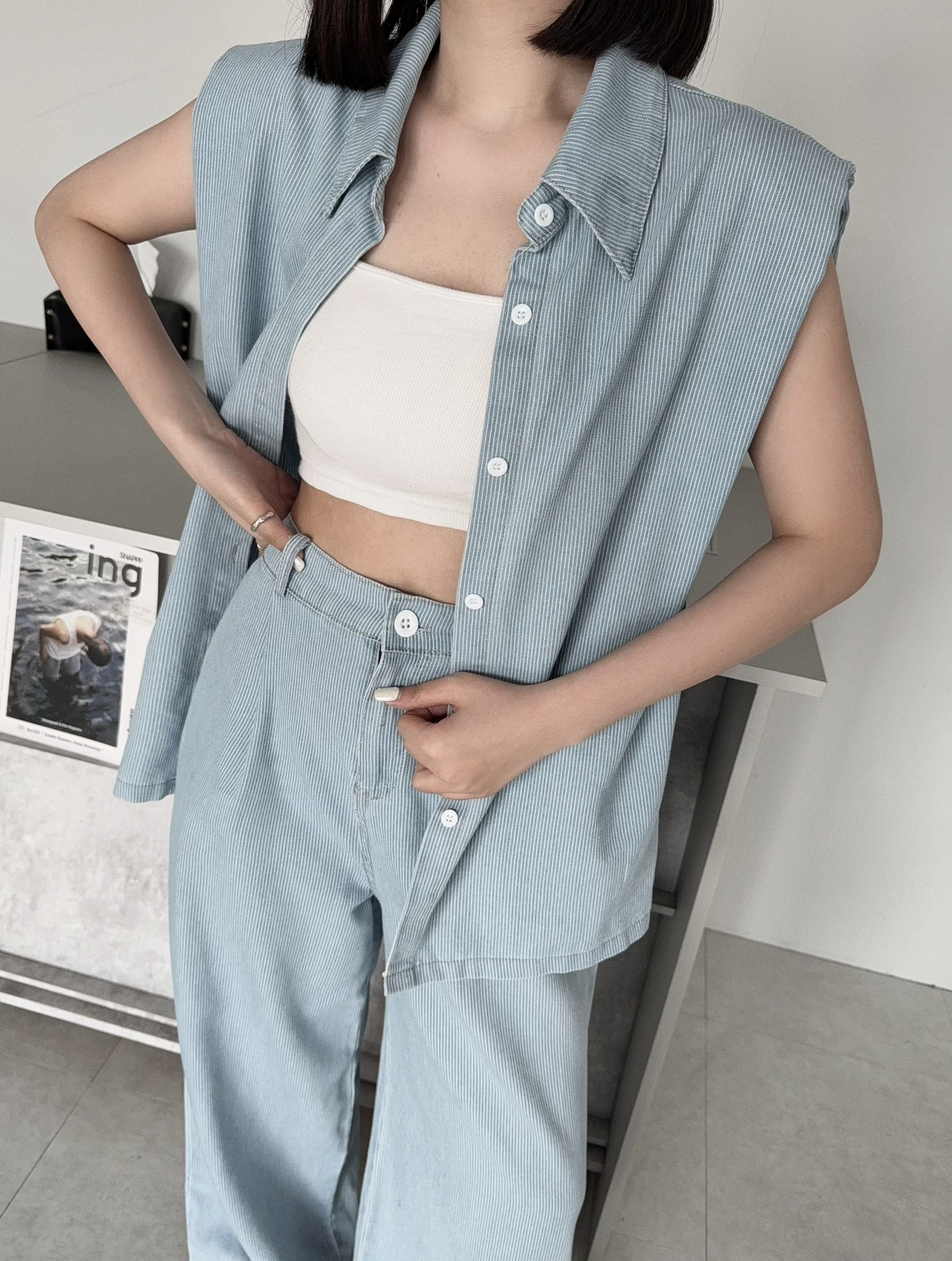 787『選品』韓版無袖直條紋牛仔長褲套裝 (2)