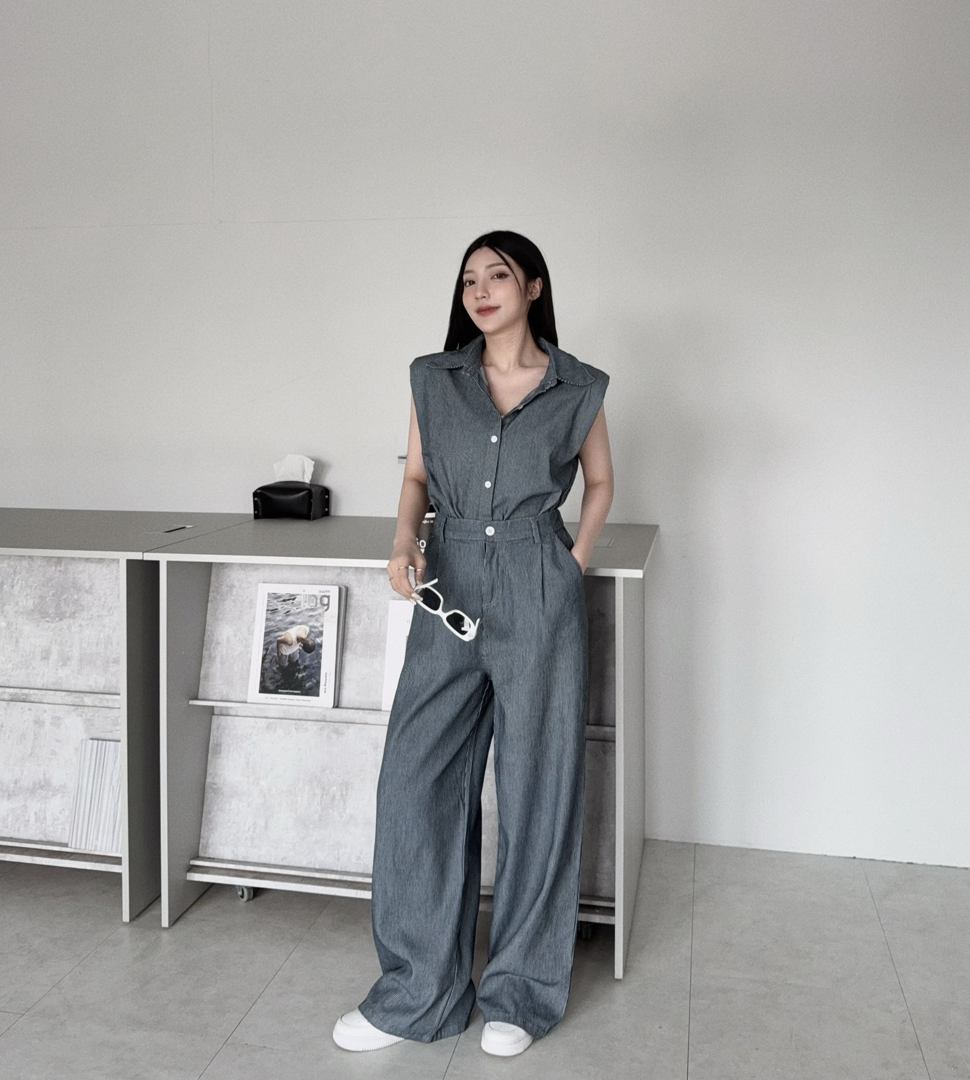 787『選品』韓版無袖直條紋牛仔長褲套裝 (4)