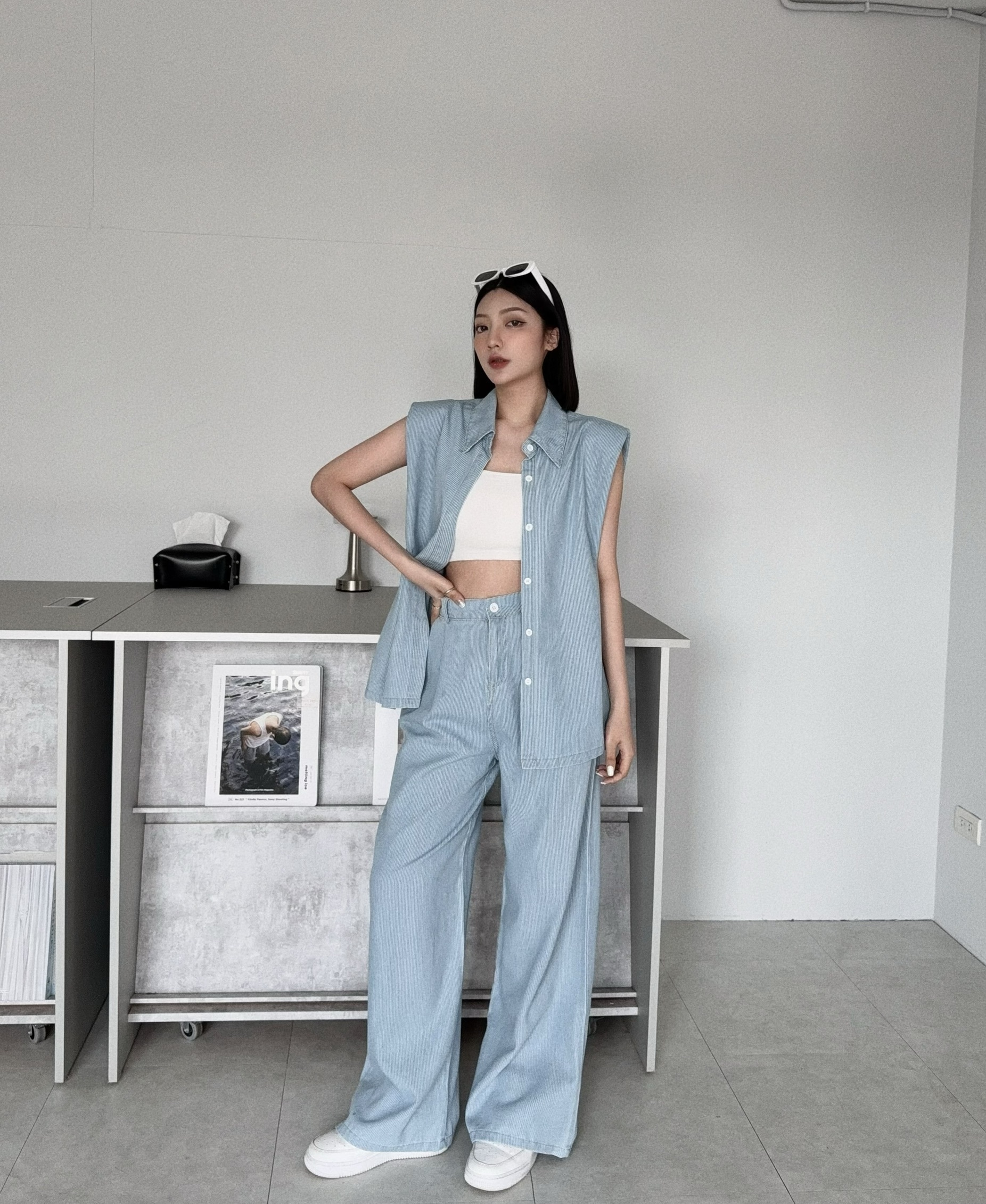 787『選品』韓版無袖直條紋牛仔長褲套裝 (5)