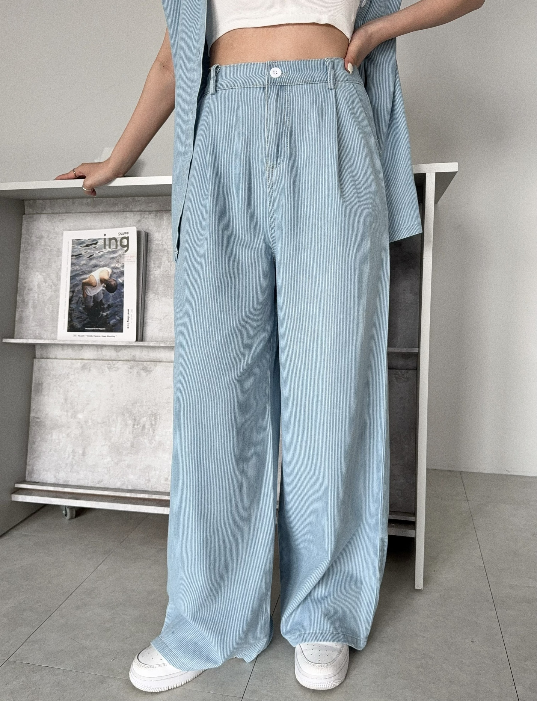 787『選品』韓版無袖直條紋牛仔長褲套裝