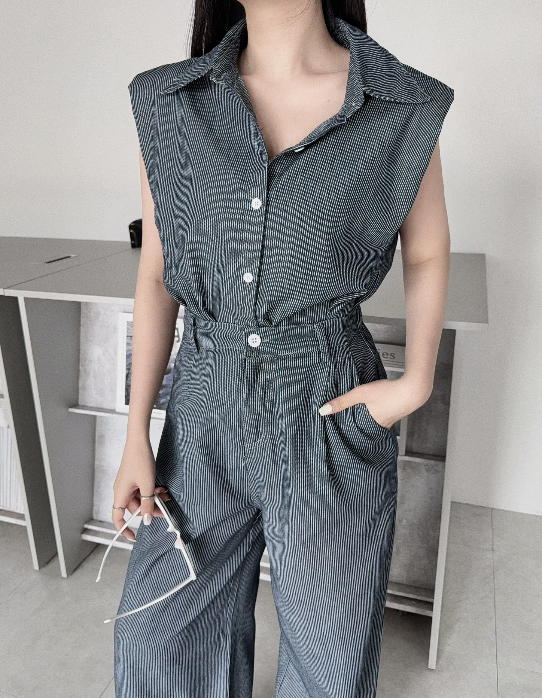 787『選品』韓版無袖直條紋牛仔長褲套裝 (3)