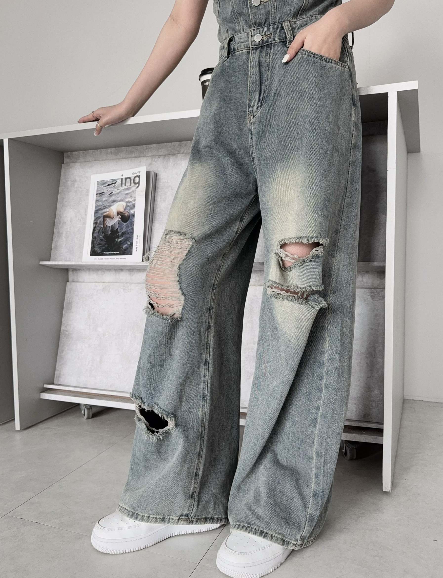 8102『選品』美式復古掛脖排釦牛仔連身長褲