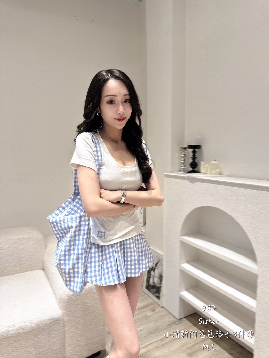 987小清新附包格子3件套