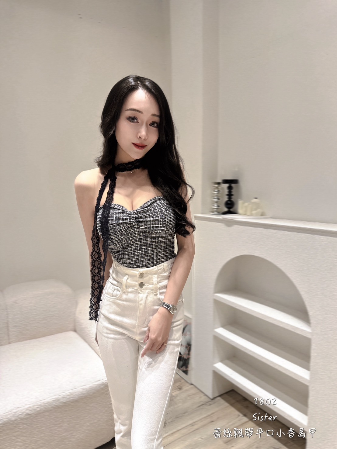1802蕾絲飄帶平口小香馬甲