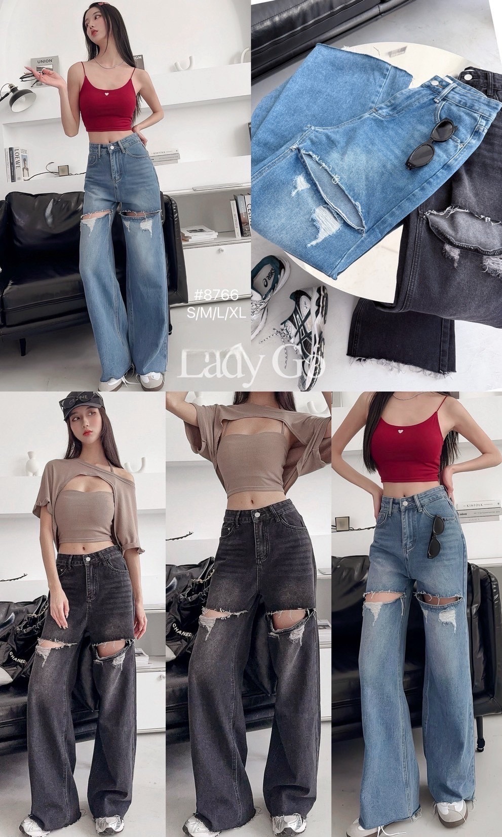 8766造型割破水洗牛仔寬褲