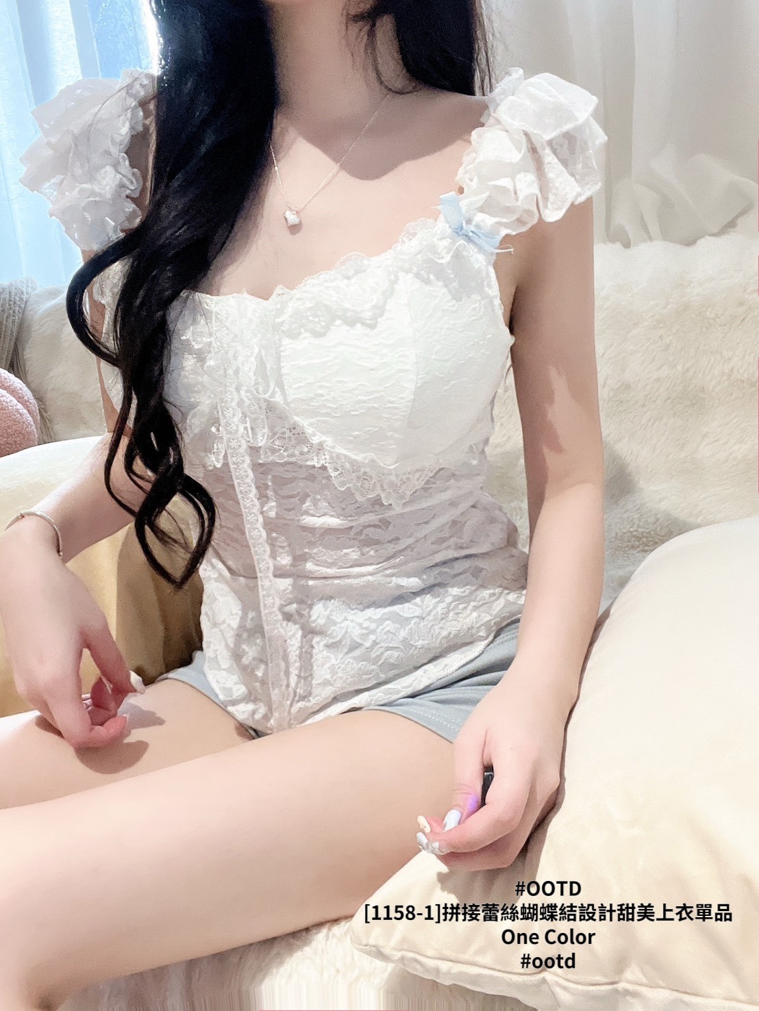 [1158-1]拼接蕾絲蝴蝶結設計甜美上衣單品 (3)