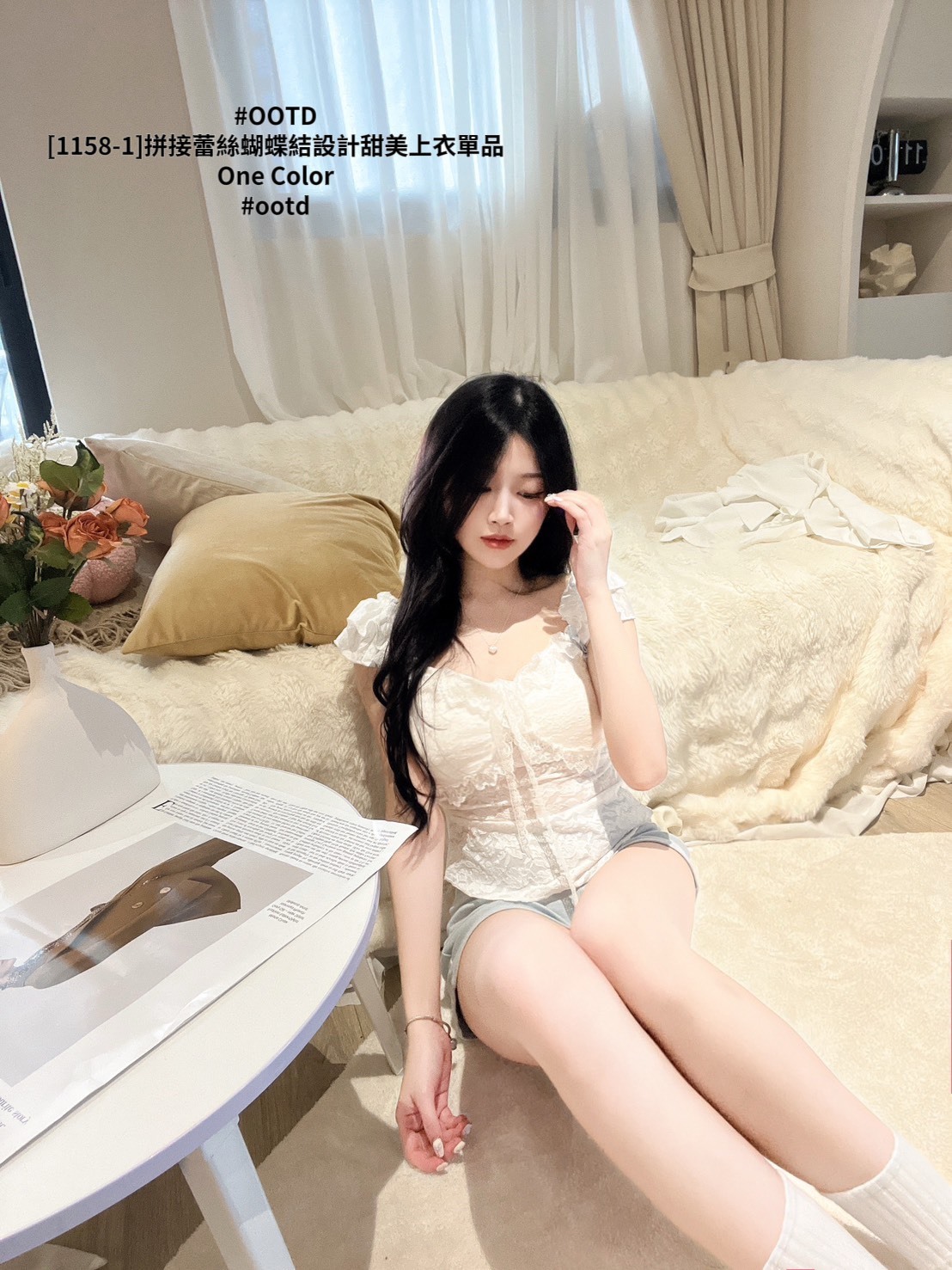 [1158-1]拼接蕾絲蝴蝶結設計甜美上衣單品 (2)