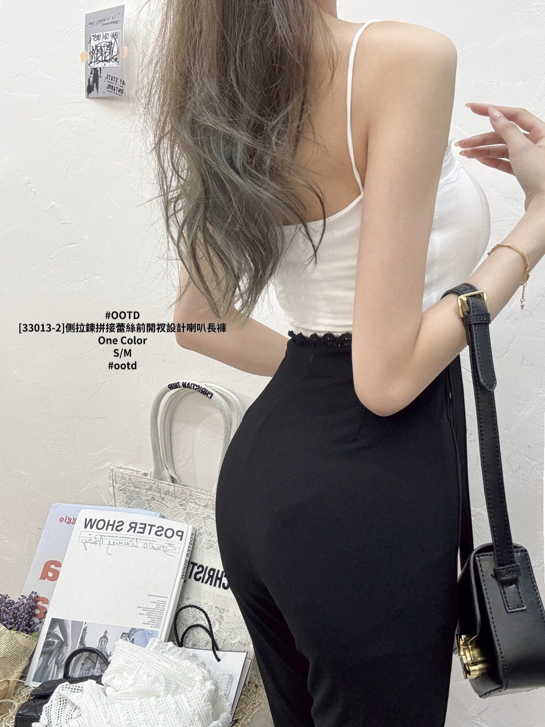 [33013-2]側拉鍊拼接蕾絲前開衩設計喇叭長褲 (4)