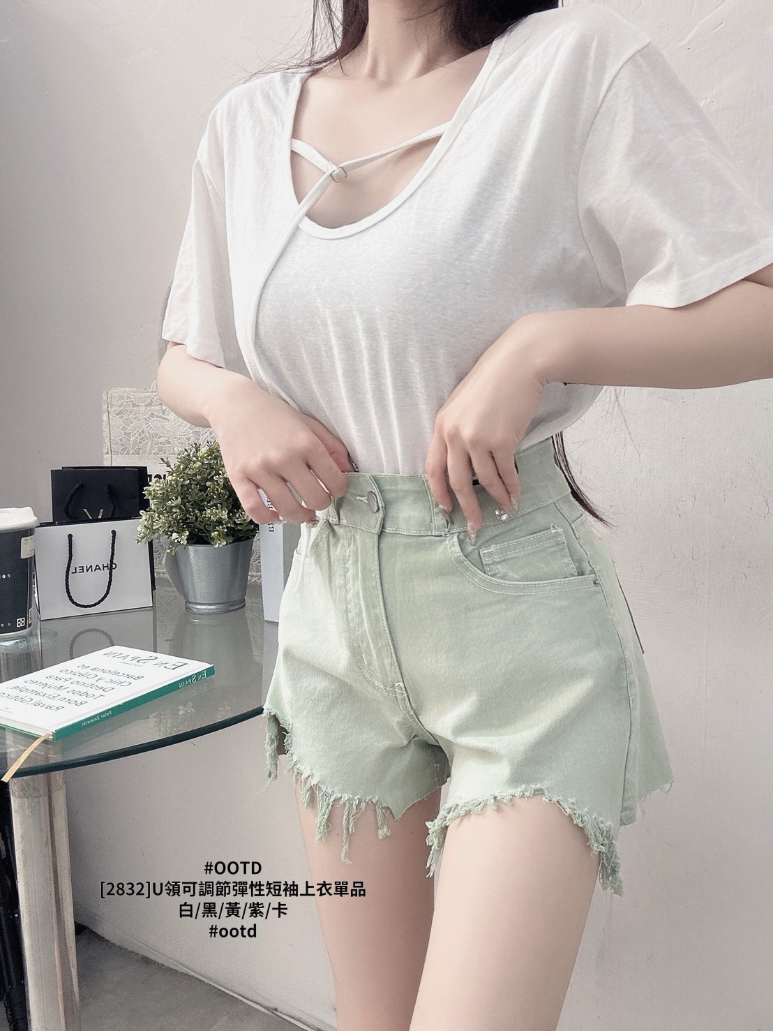 [2832]U領可調節彈性短袖上衣單品 (2)