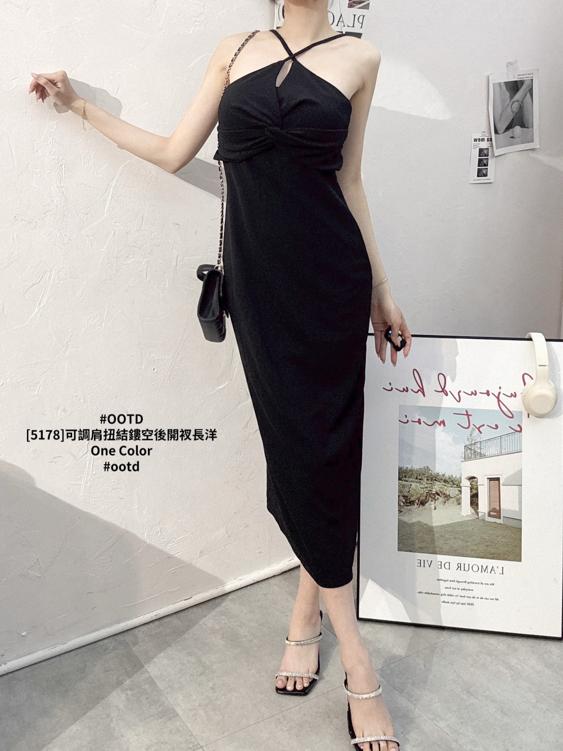 [5178]可調肩扭結鏤空後開衩長洋 (3)