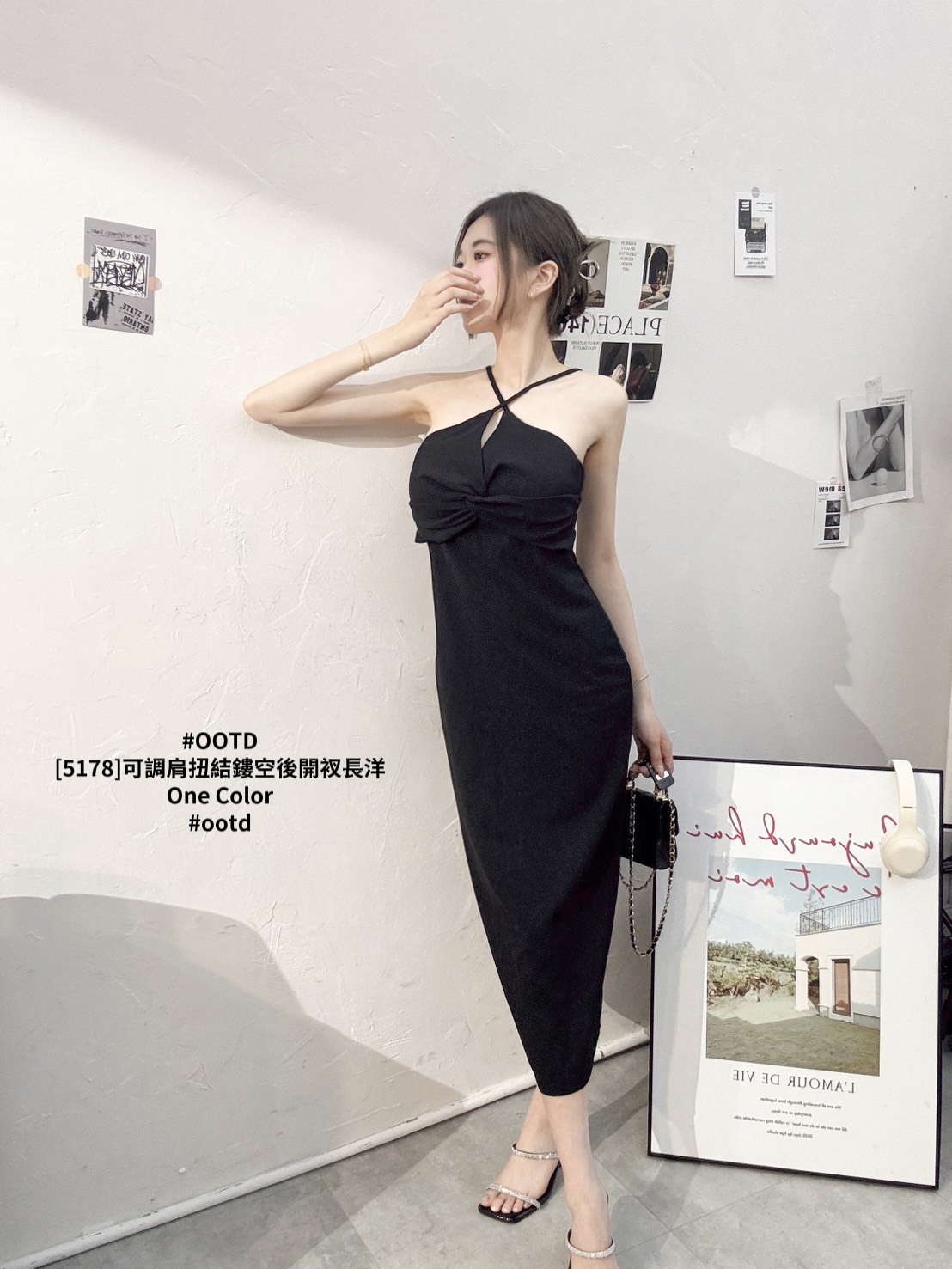 [5178]可調肩扭結鏤空後開衩長洋 (2)