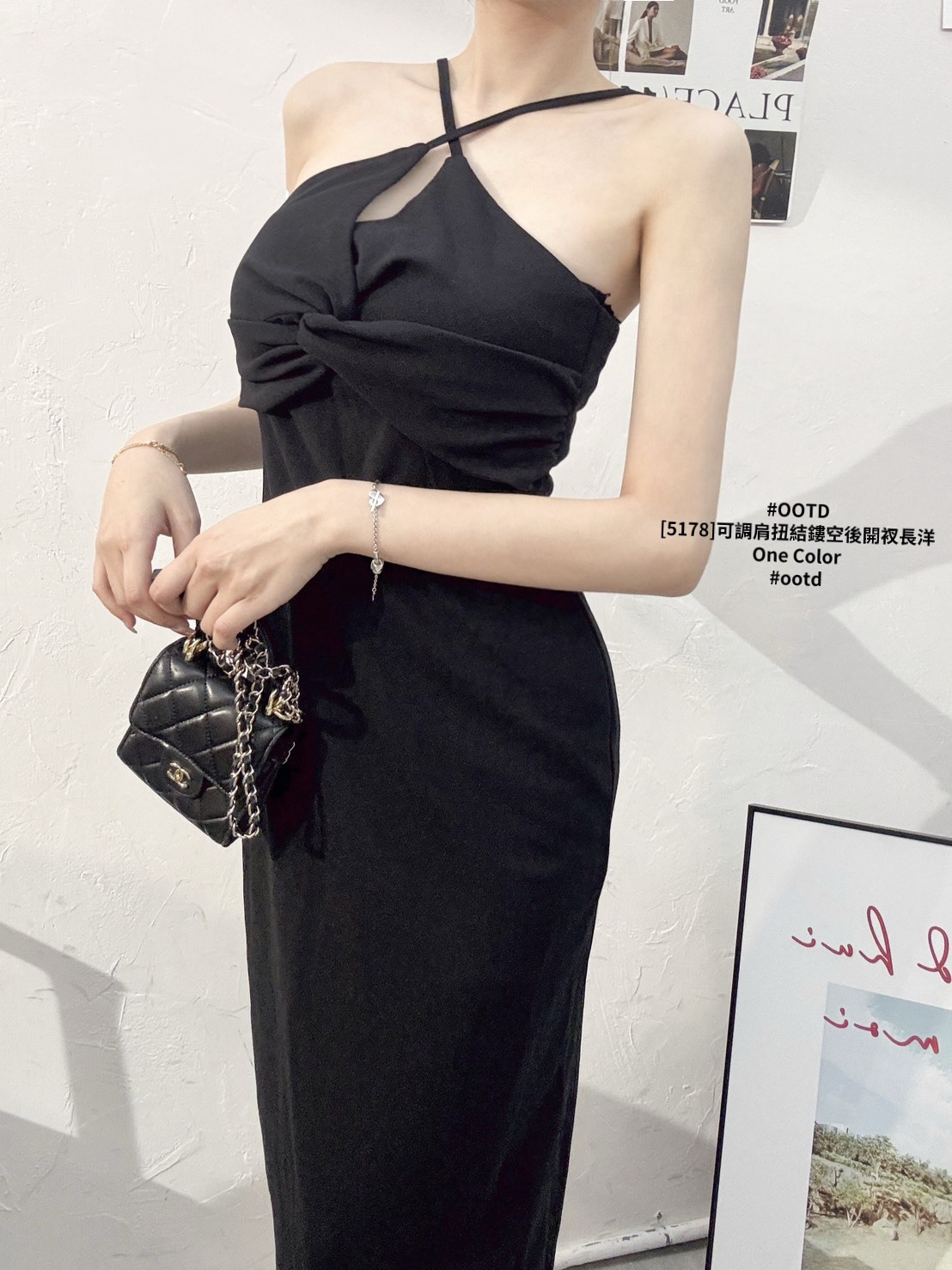 [5178]可調肩扭結鏤空後開衩長洋