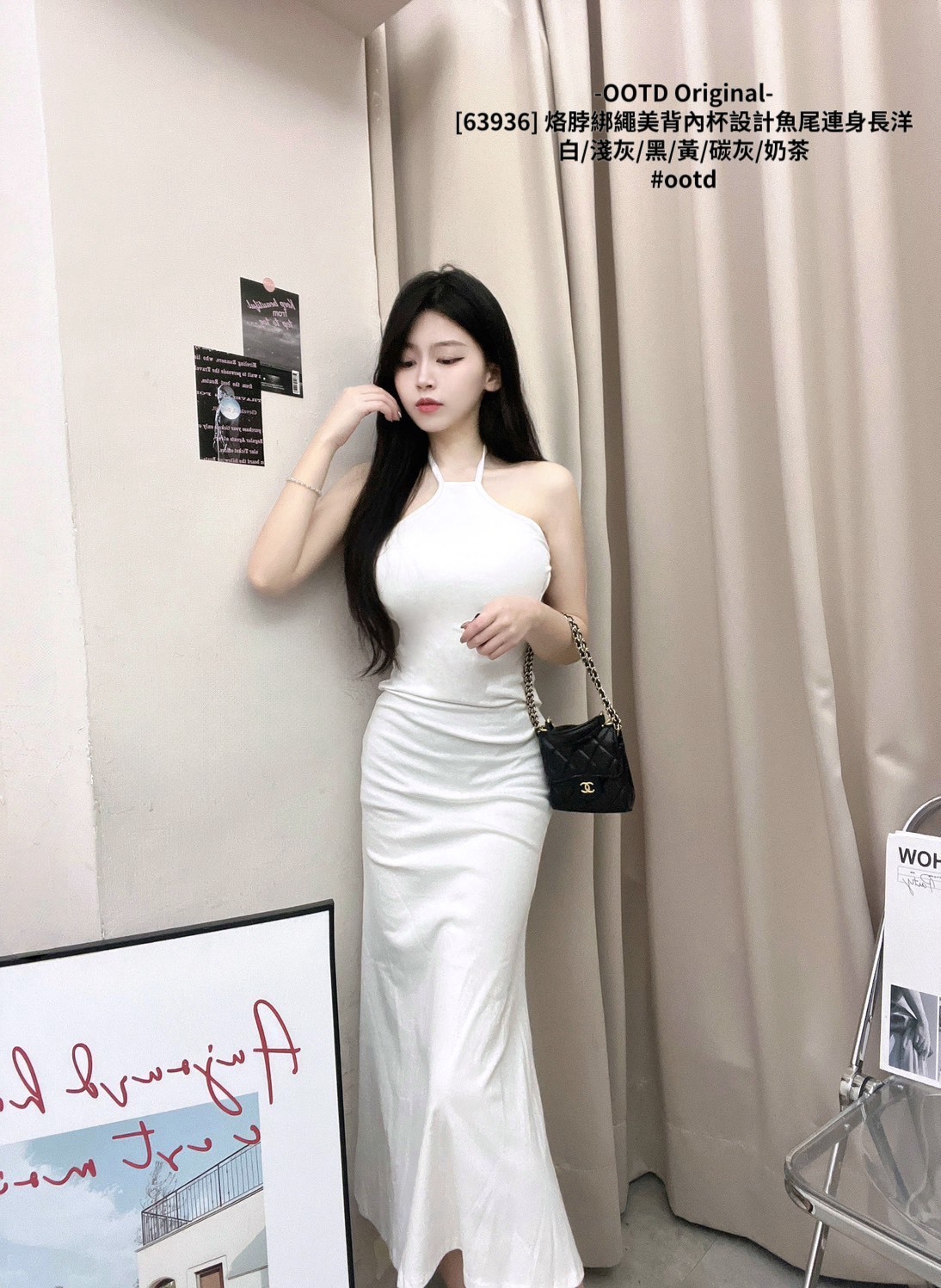 [63936] 烙脖綁繩美背內杯設計魚尾連身長洋