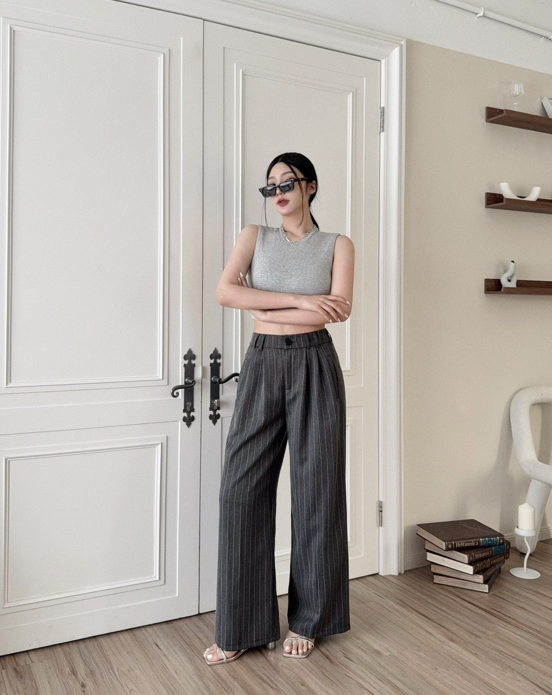 910『選品』直條紋寬版西裝長褲 (3)