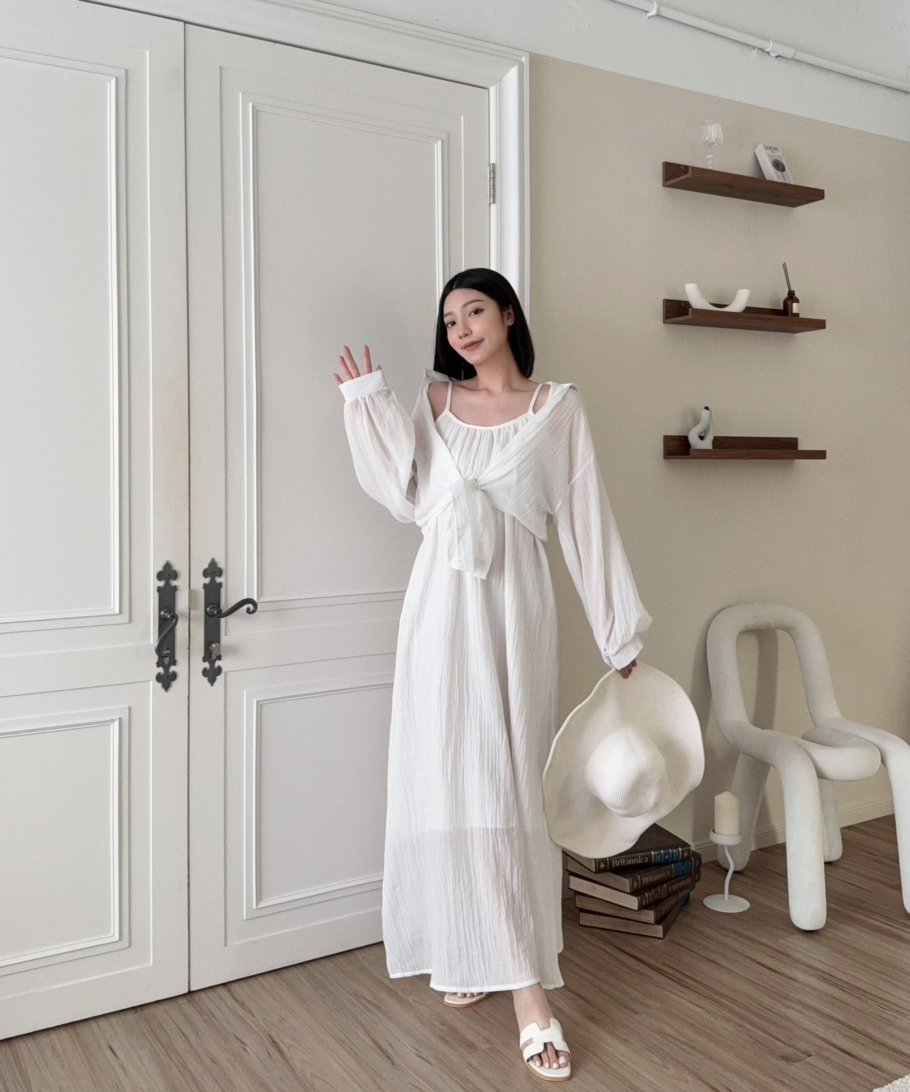 A1551『選品』韓系氣質連身長洋+綁帶襯衫 (3)