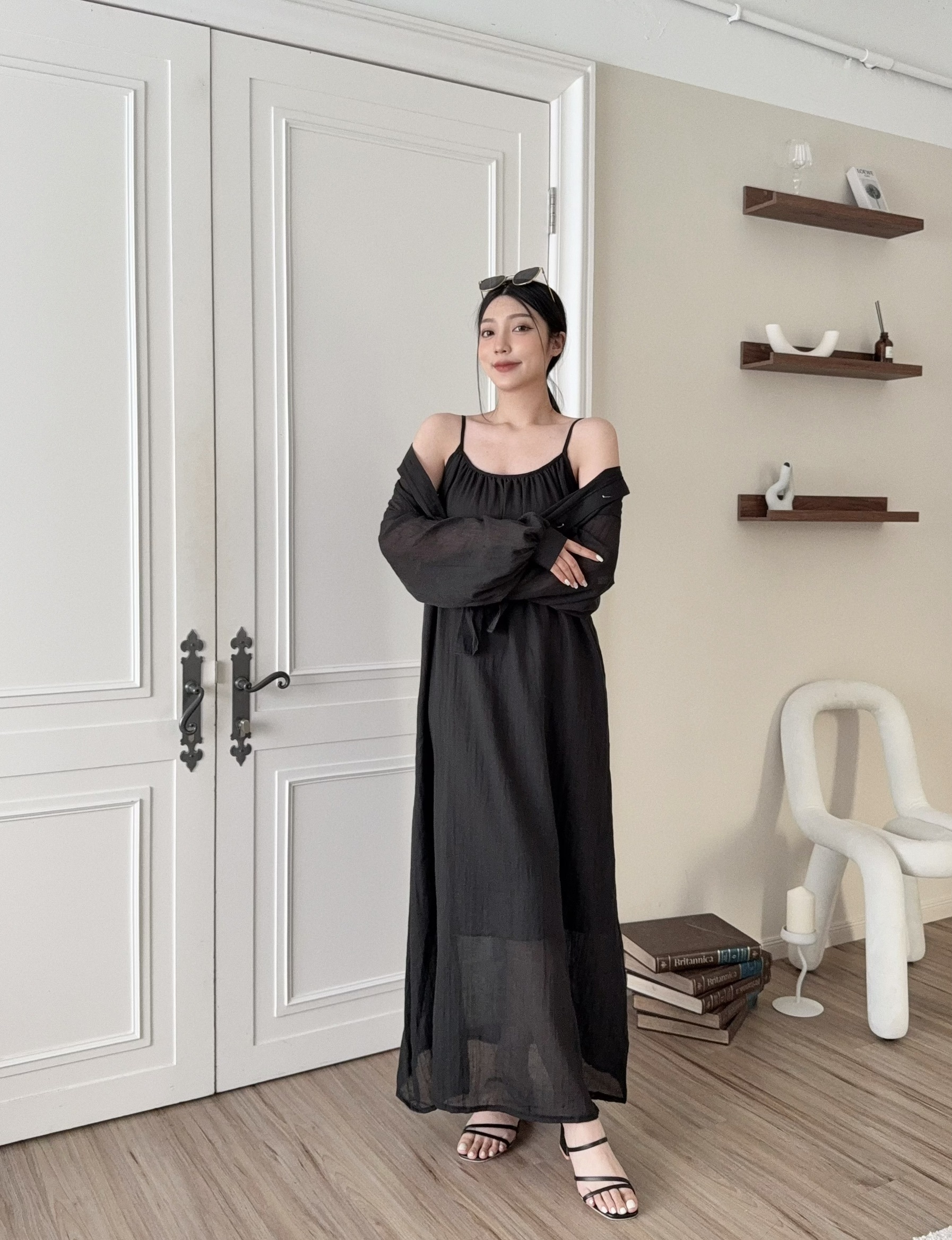 A1551『選品』韓系氣質連身長洋+綁帶襯衫 (4)