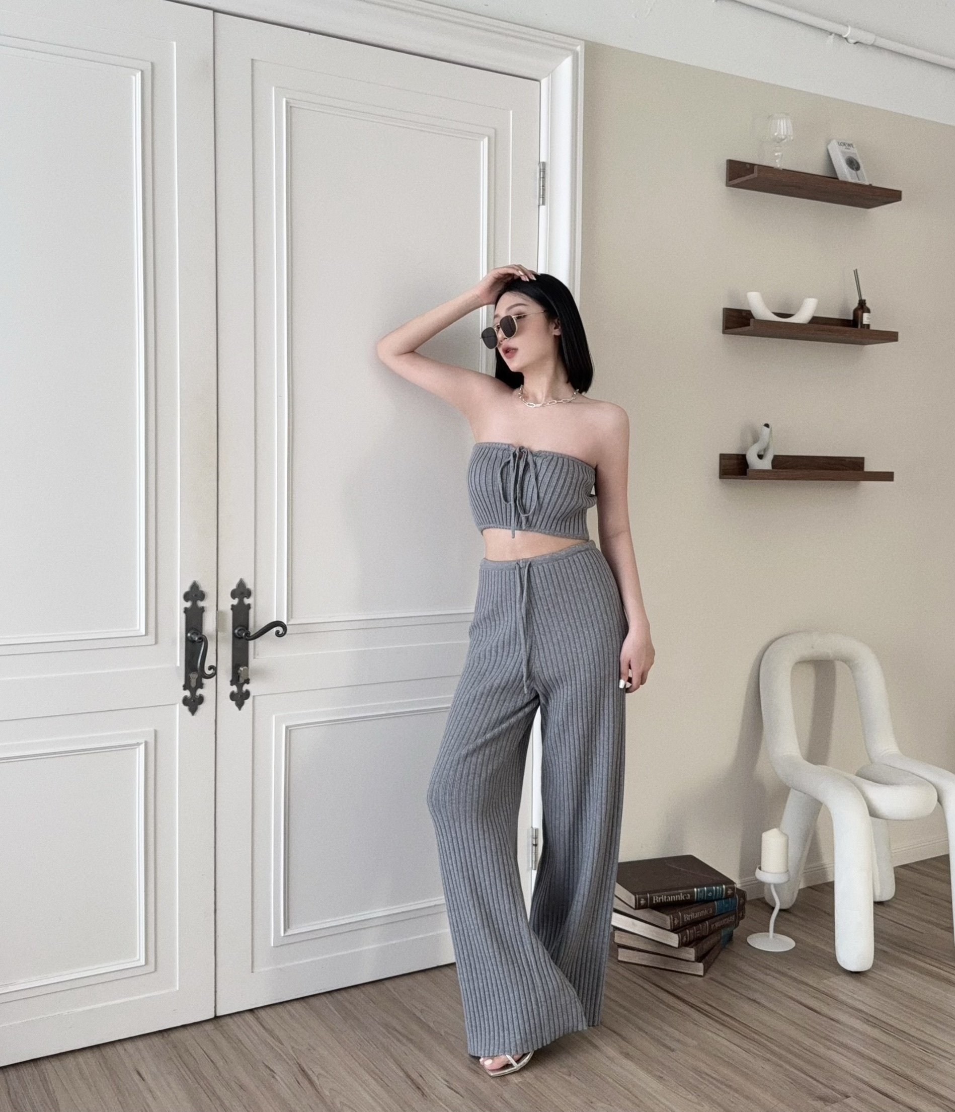 7082『訂製款』氣質針織平口綁帶背心+抽繩長褲 (3)