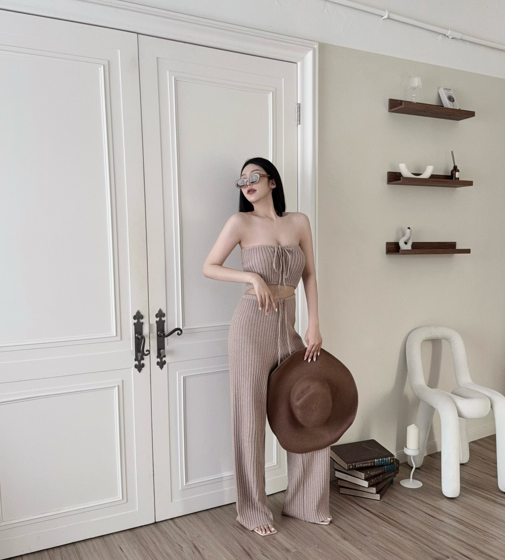 7082『訂製款』氣質針織平口綁帶背心+抽繩長褲 (2)