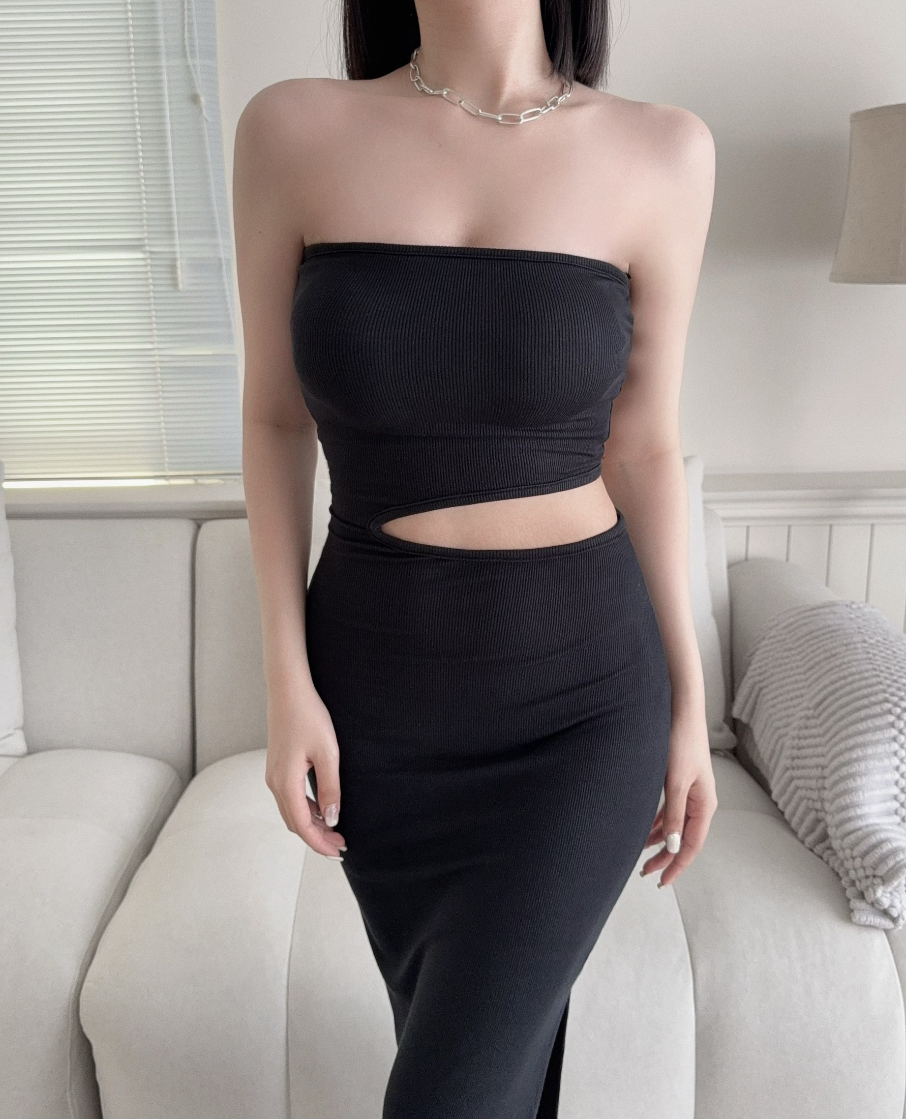 1064『訂製款』辣妹平口腰鏤空長洋