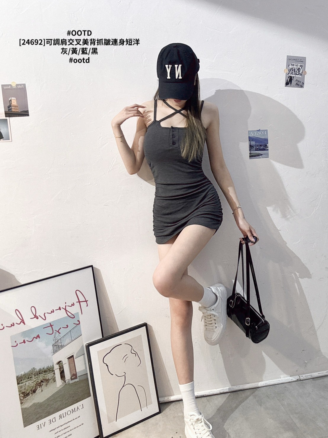 [24692]可調肩交叉美背抓皺連身短洋 (5)
