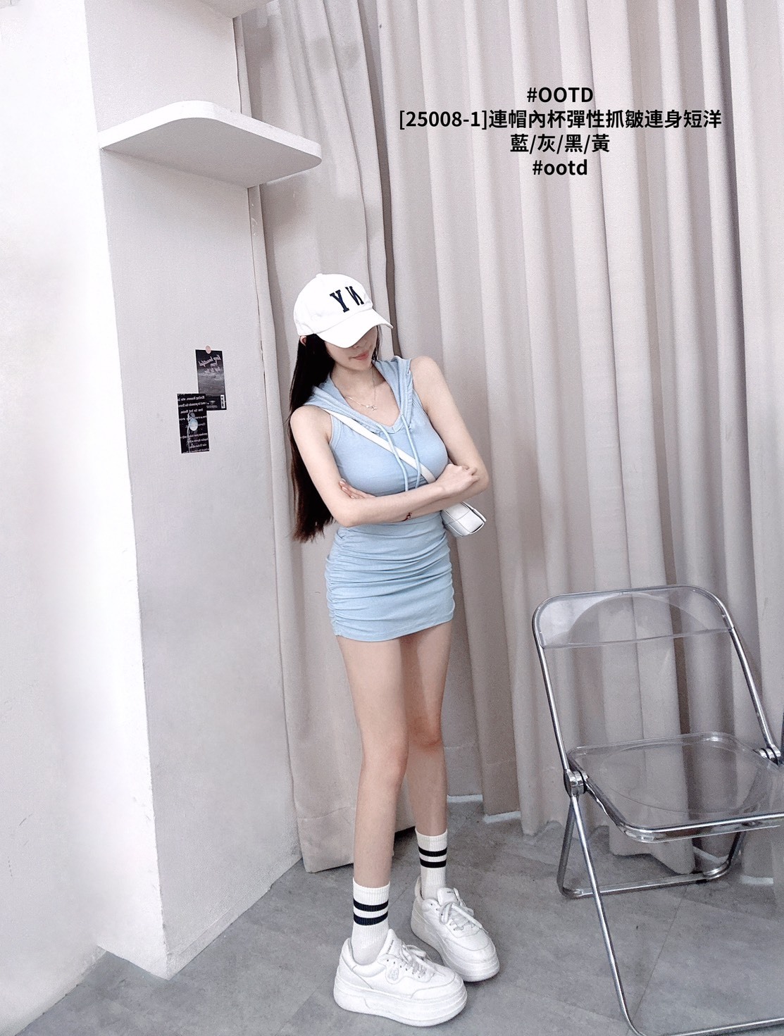 [25008-1]連帽內杯彈性抓皺連身短洋 (4)