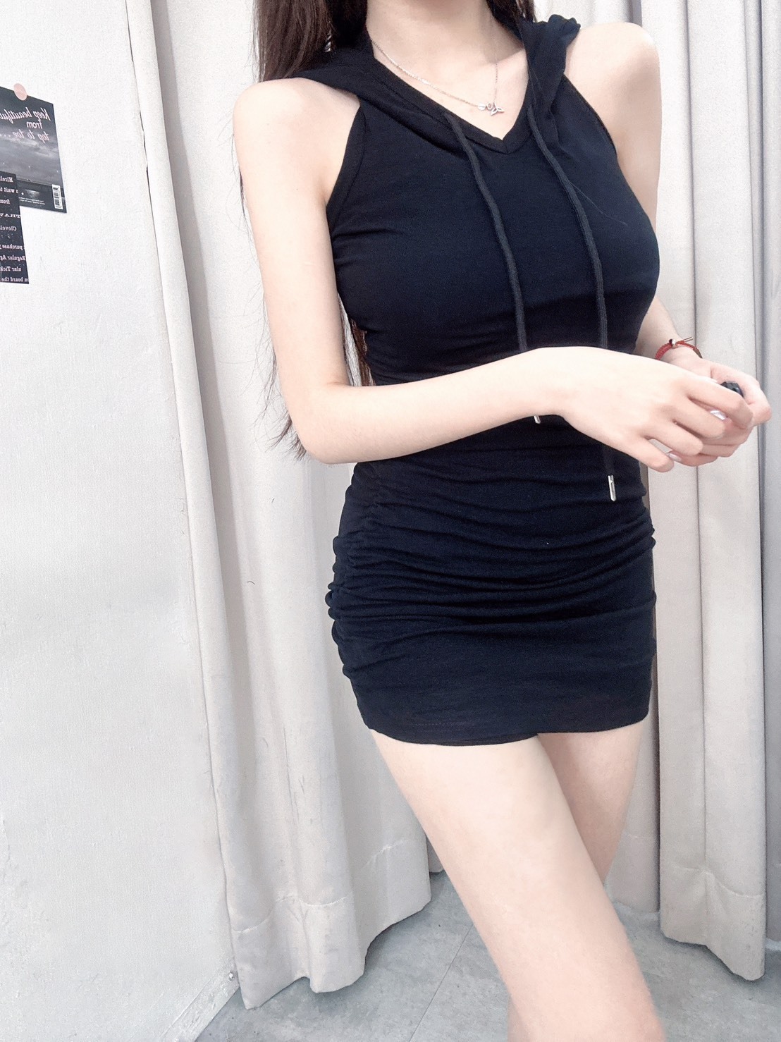 [25008-1]連帽內杯彈性抓皺連身短洋 (7)