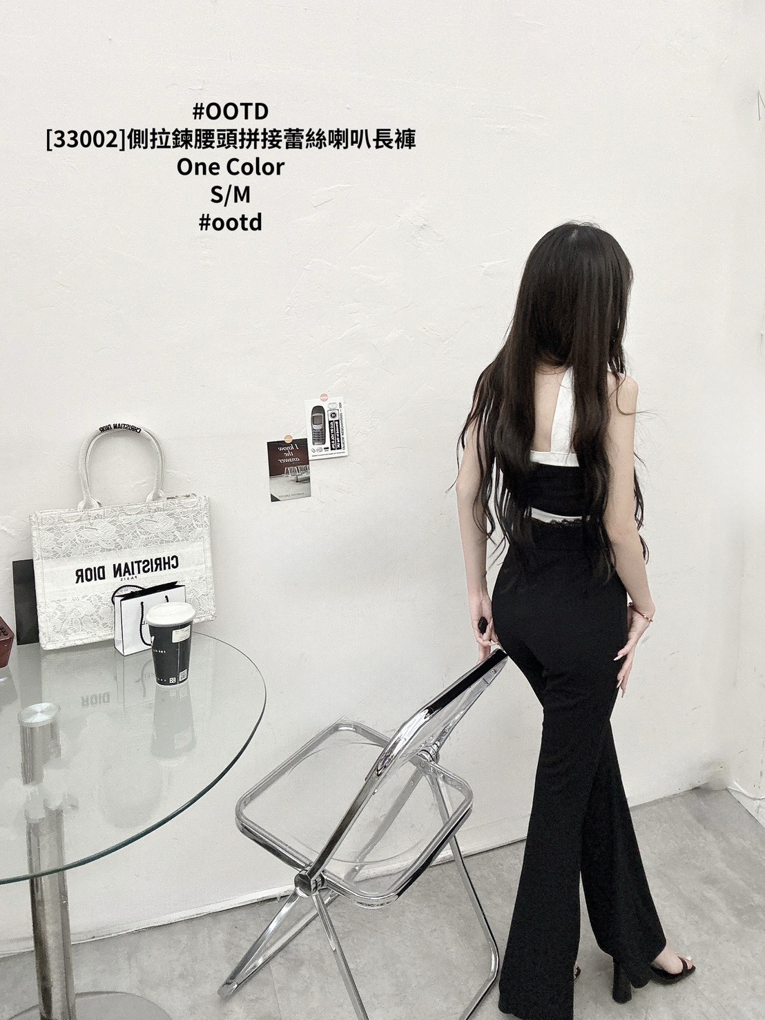 [33002]側拉鍊腰頭拼接蕾絲喇叭長褲 (3)