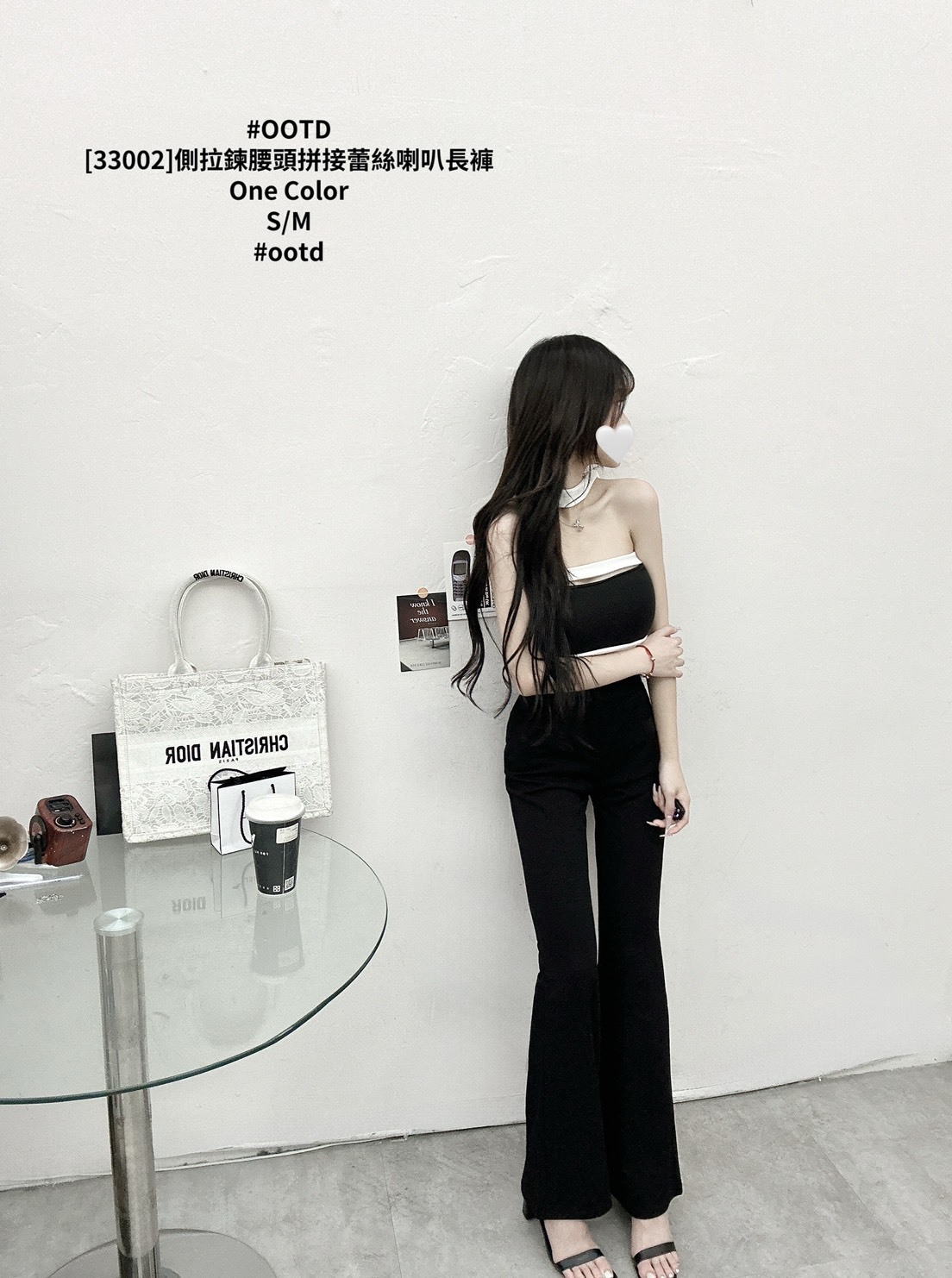 [33002]側拉鍊腰頭拼接蕾絲喇叭長褲 (4)