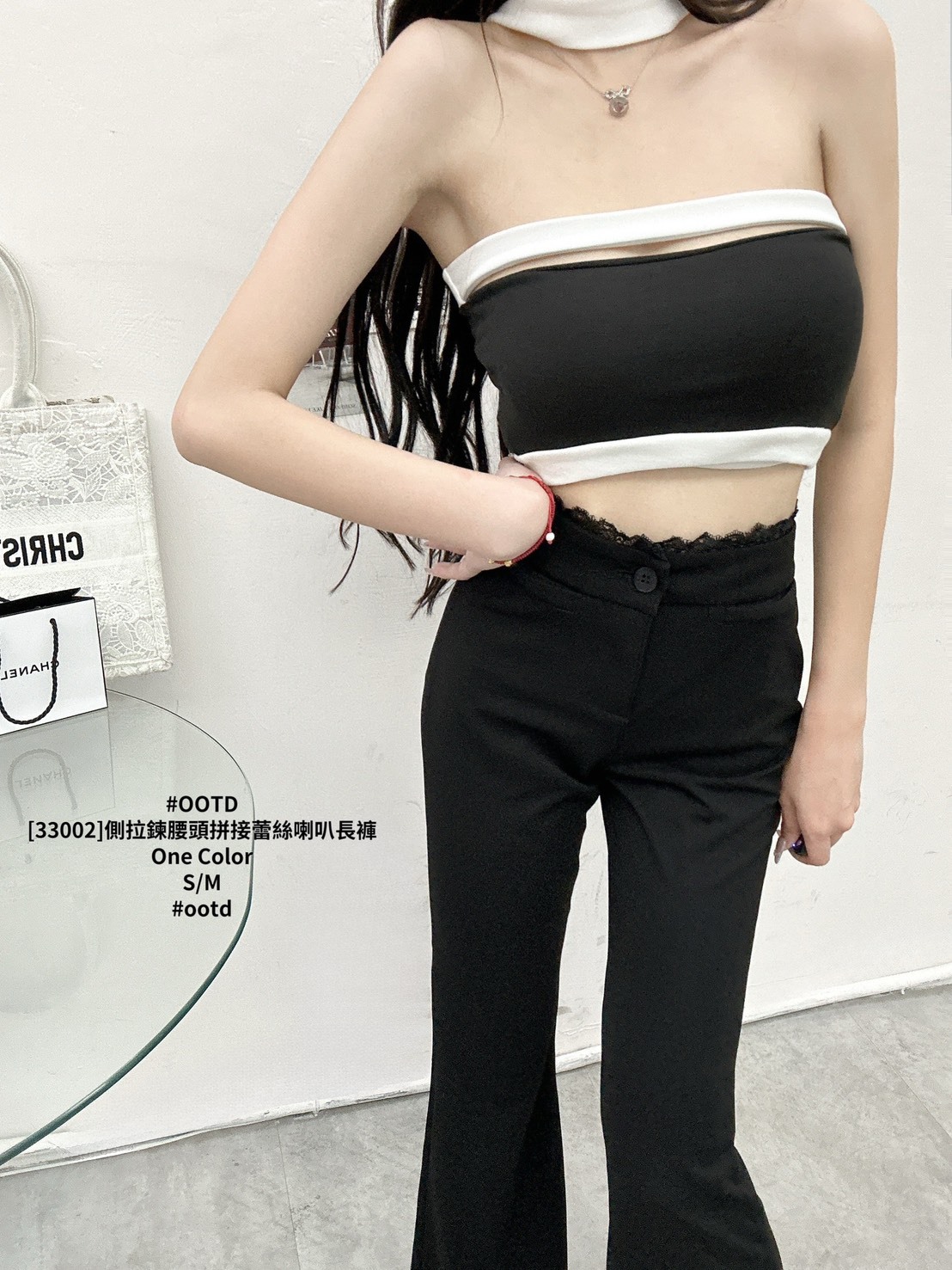 [33002]側拉鍊腰頭拼接蕾絲喇叭長褲