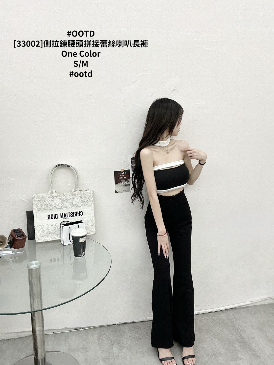 [33002]側拉鍊腰頭拼接蕾絲喇叭長褲 (2)