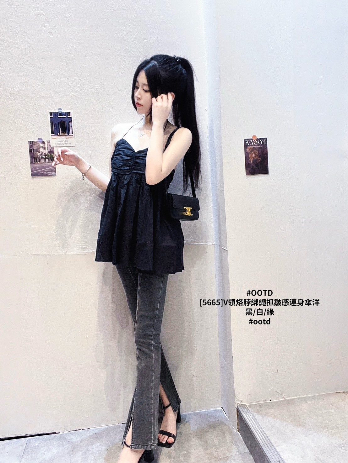 [5665]V領烙脖綁繩抓皺感連身傘洋 (7)