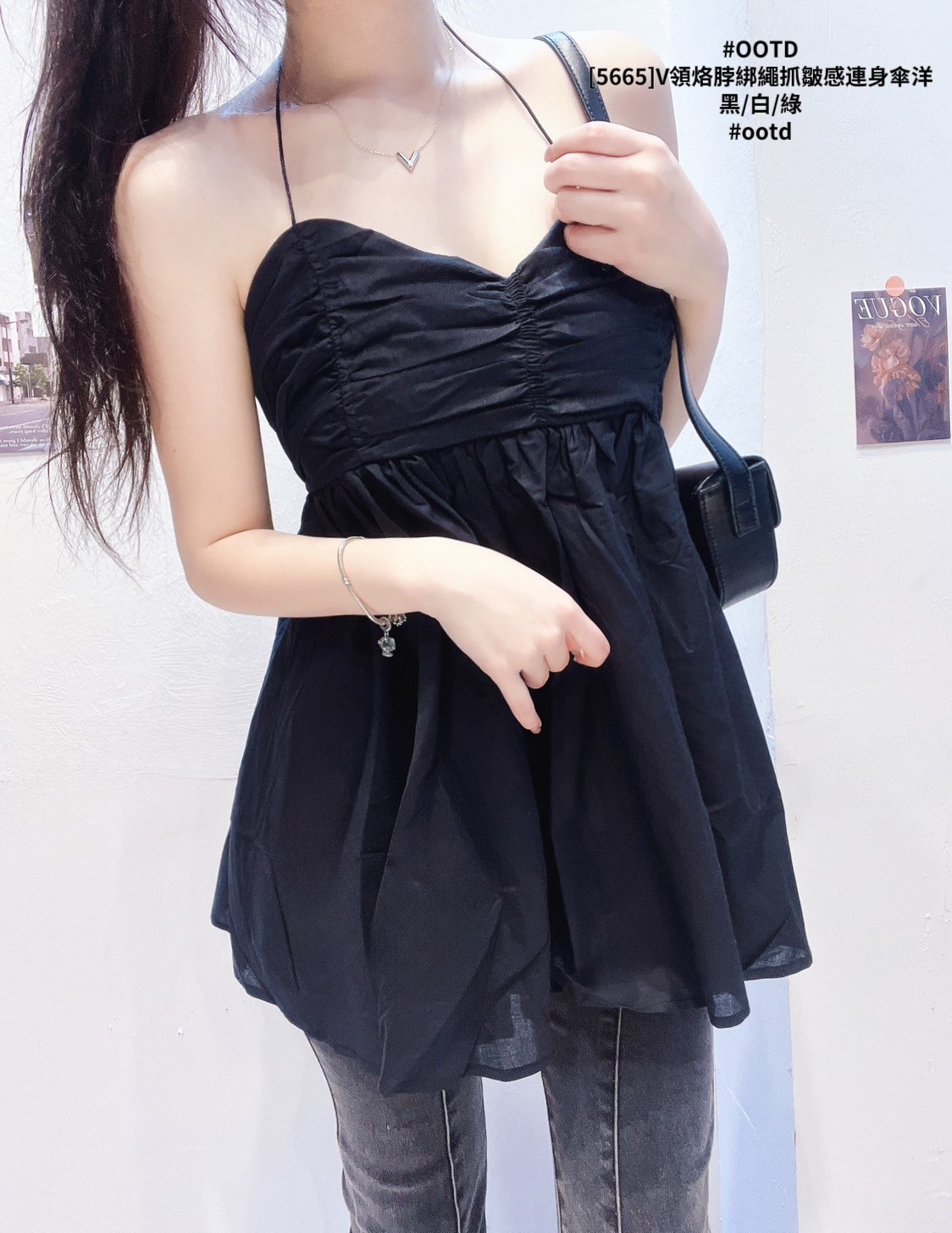 [5665]V領烙脖綁繩抓皺感連身傘洋 (6)