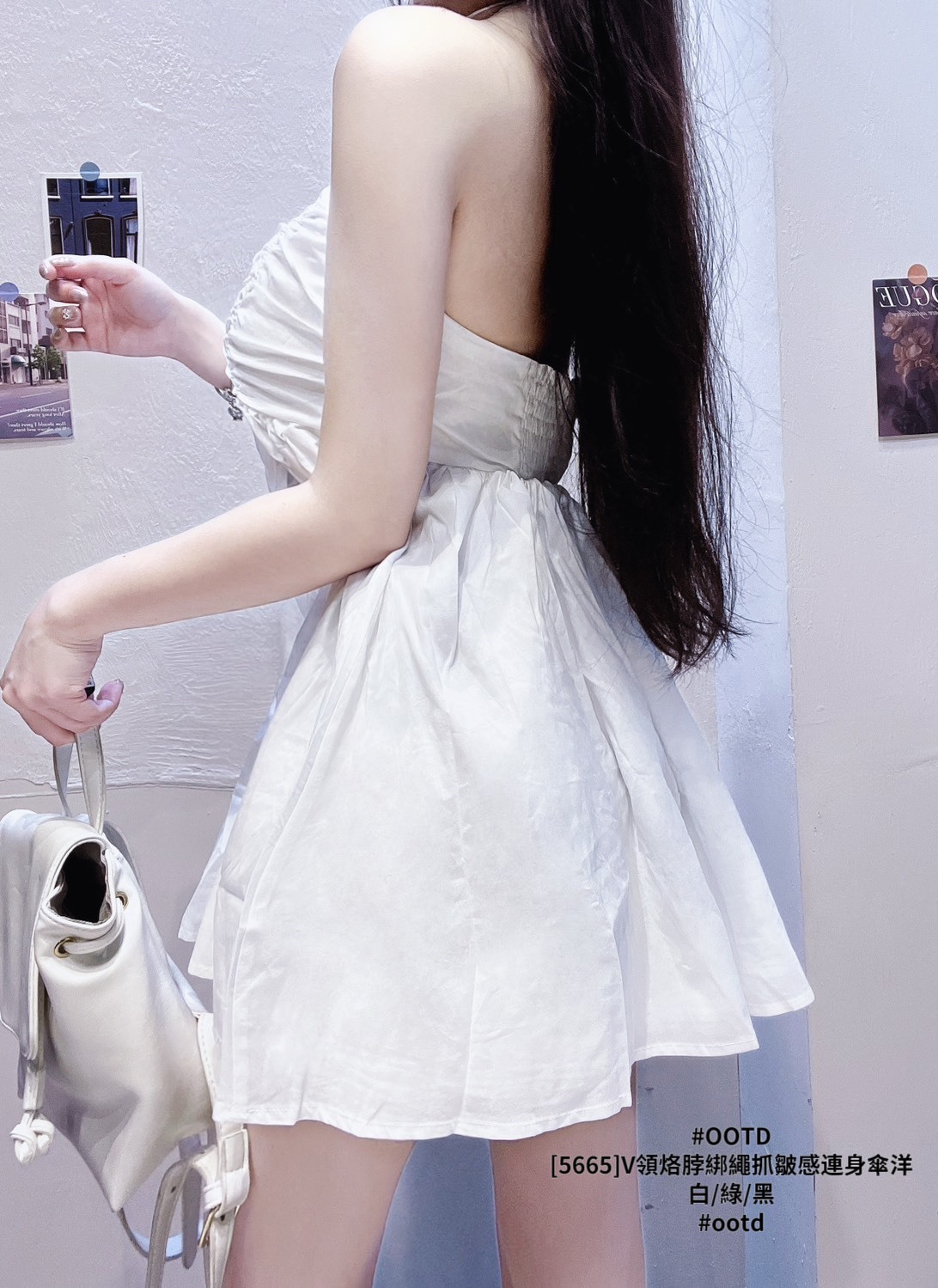 [5665]V領烙脖綁繩抓皺感連身傘洋 (3)