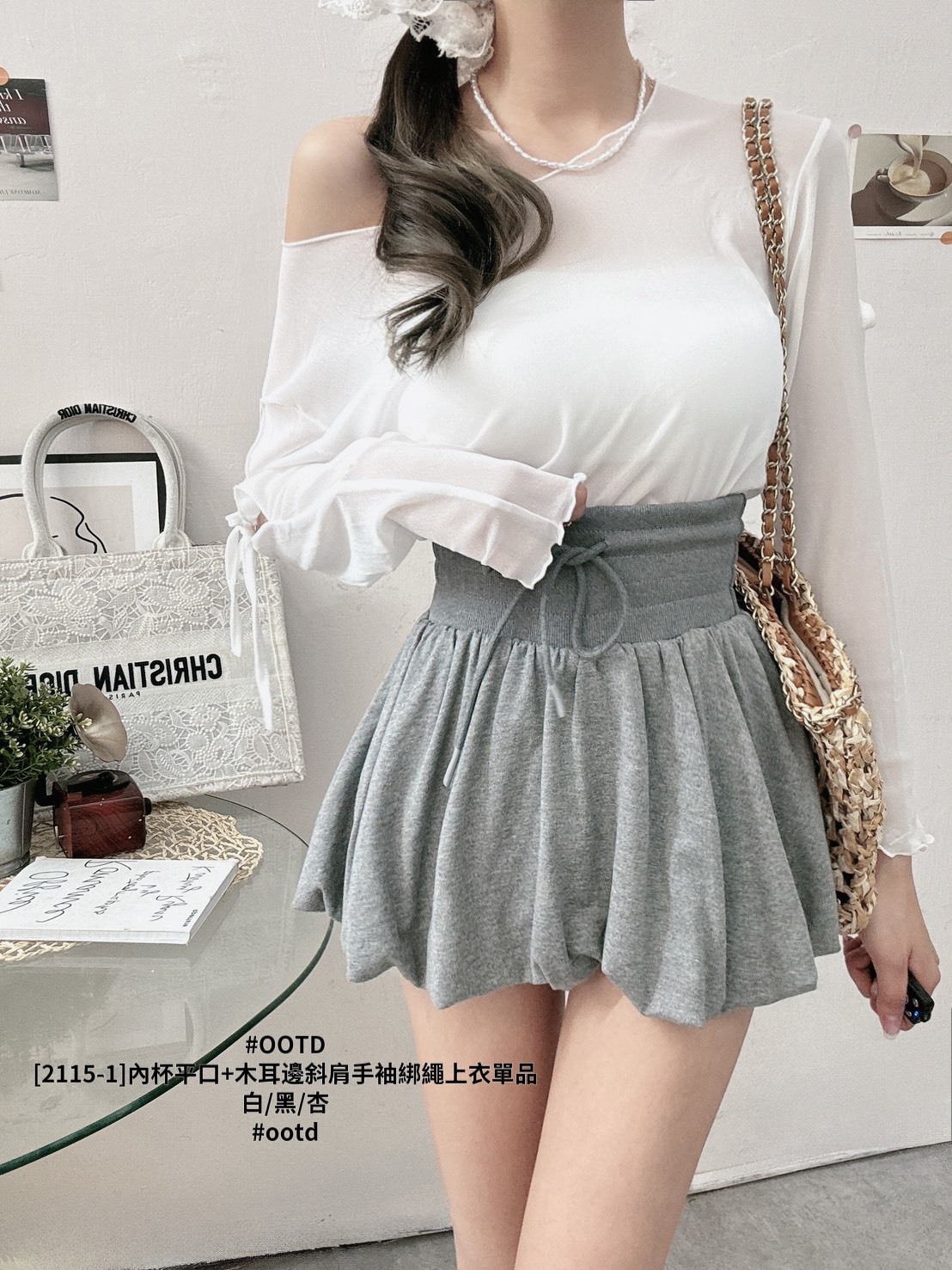 [2115-1]內杯平口+木耳邊斜肩手袖綁繩上衣單品 (7)
