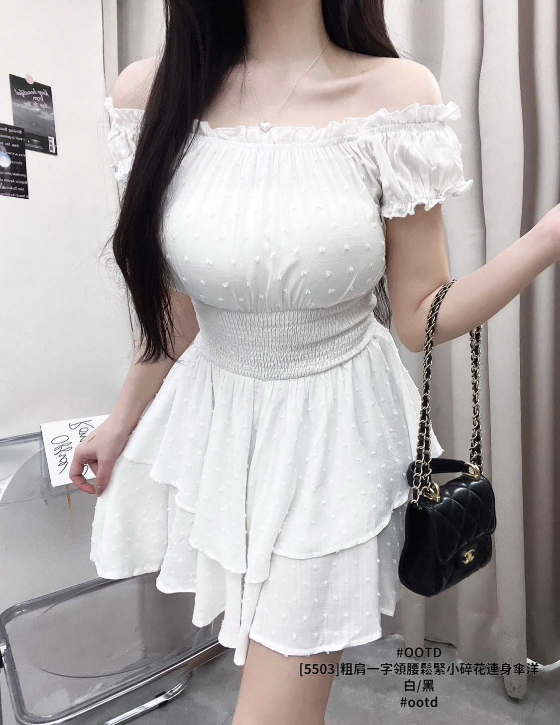 [5503]粗肩一字領腰鬆緊小碎花連身傘洋 (2)