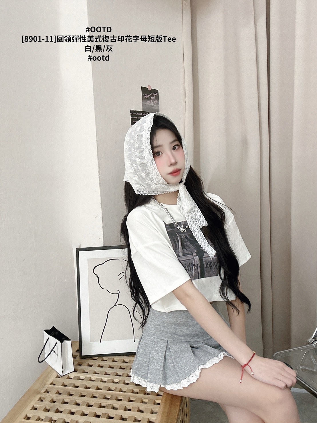 [8901-11]圓領彈性美式復古印花字母短版Tee