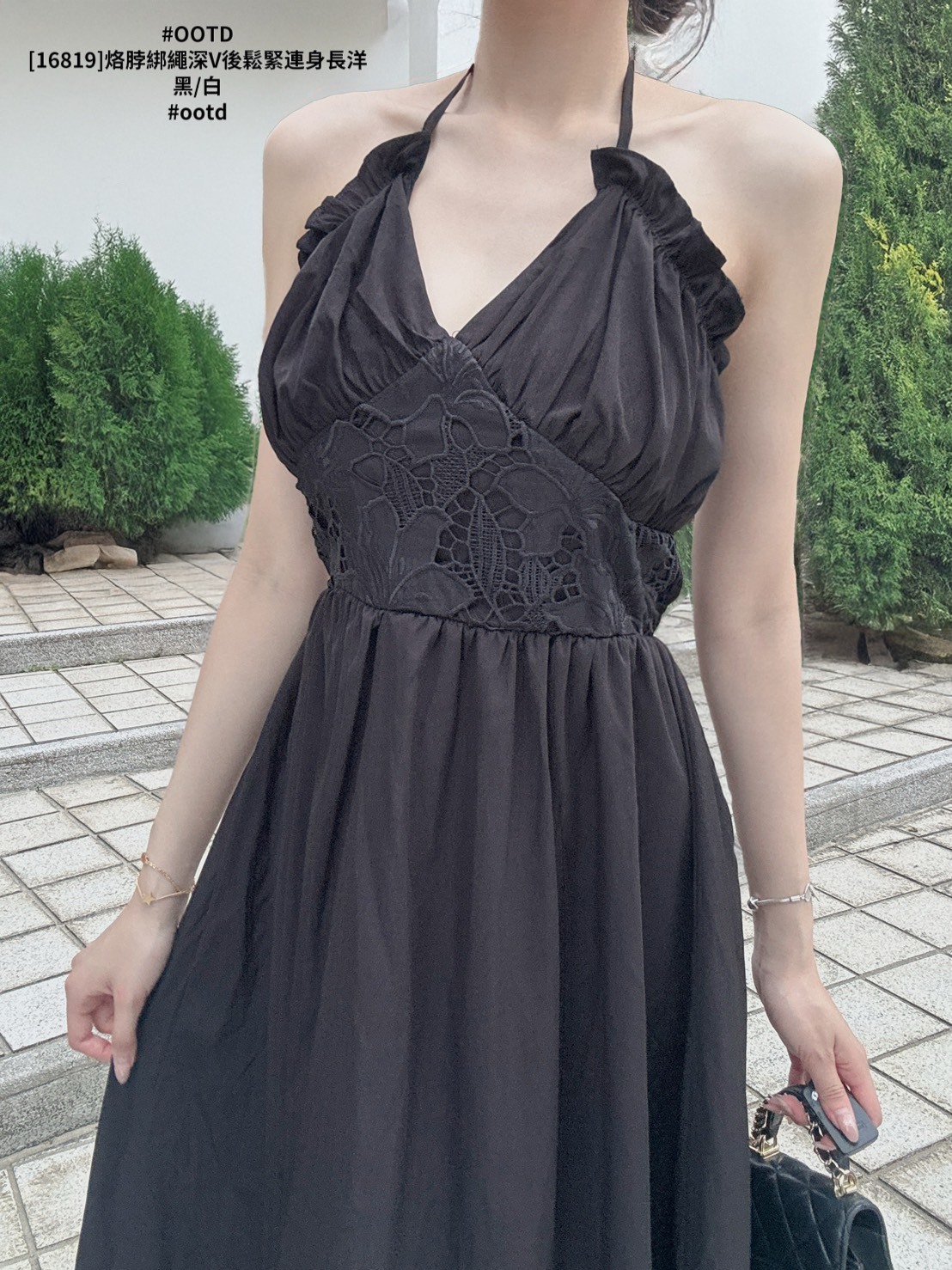 [16819]烙脖綁繩深V後鬆緊連身長洋 (5)