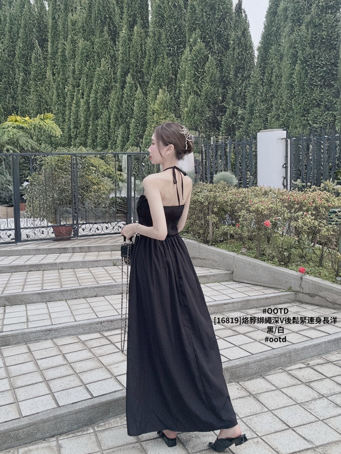 [16819]烙脖綁繩深V後鬆緊連身長洋 (7)