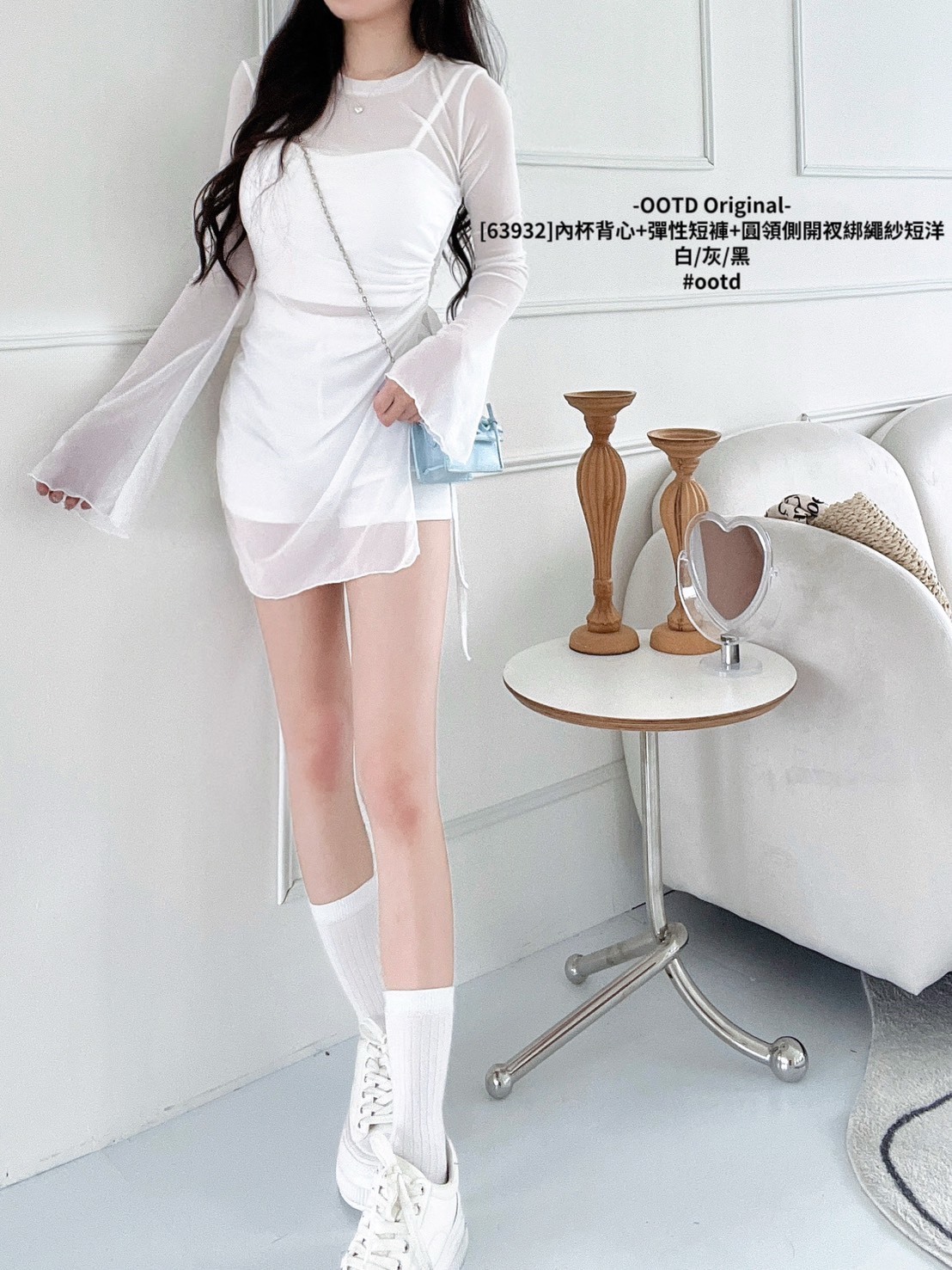 [63932]內杯背心+彈性短褲+圓領側開衩綁繩紗短洋 (2)