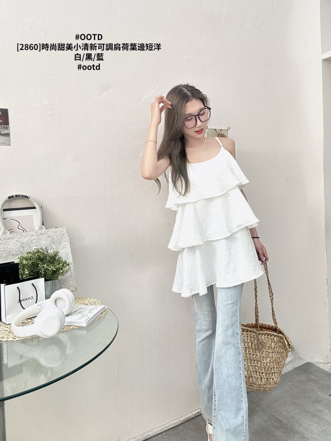 [2860]時尚甜美小清新可調肩荷葉邊短洋 (9)