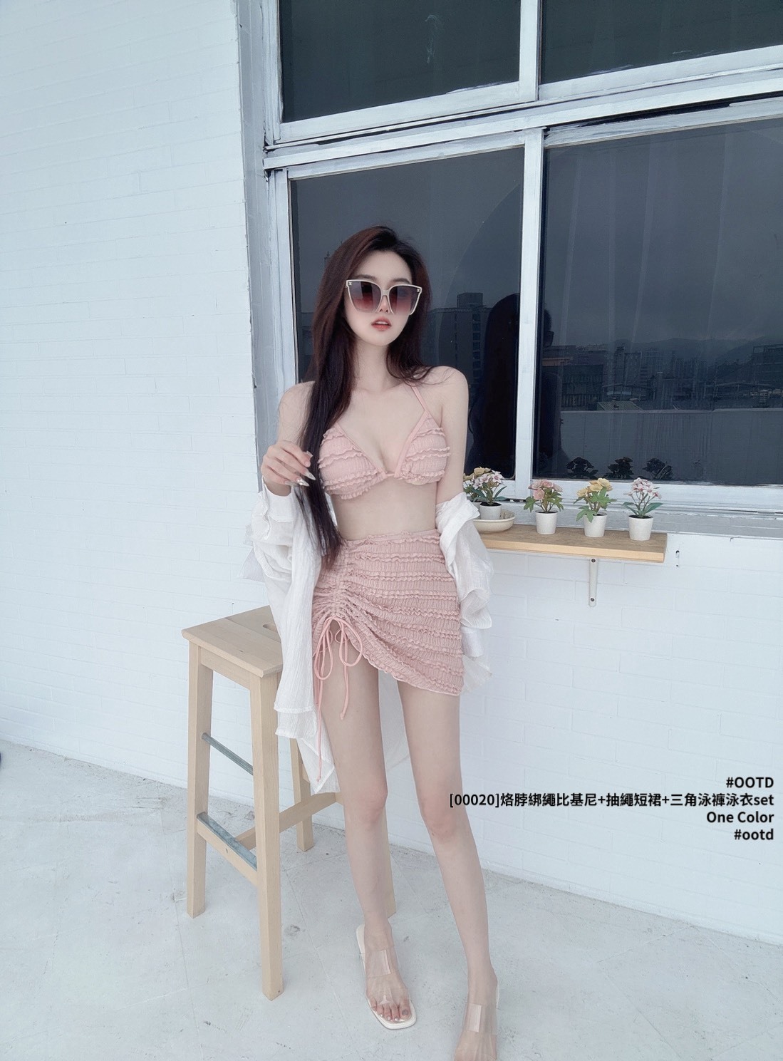 [00020]烙脖綁繩比基尼+抽繩短裙+三角泳褲泳衣set