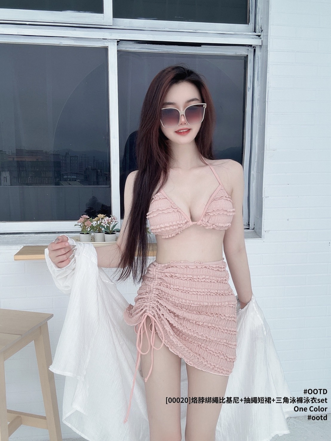 [00020]烙脖綁繩比基尼+抽繩短裙+三角泳褲泳衣set (4)