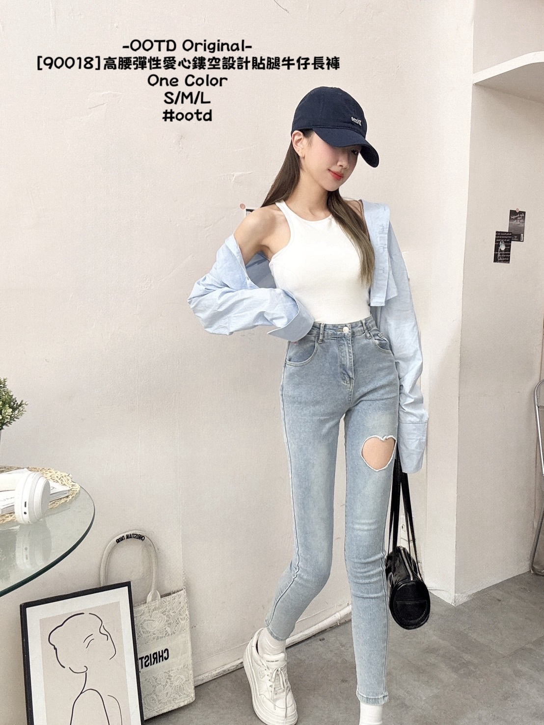 [90018]高腰彈性愛心鏤空設計貼腿牛仔長褲 (2)